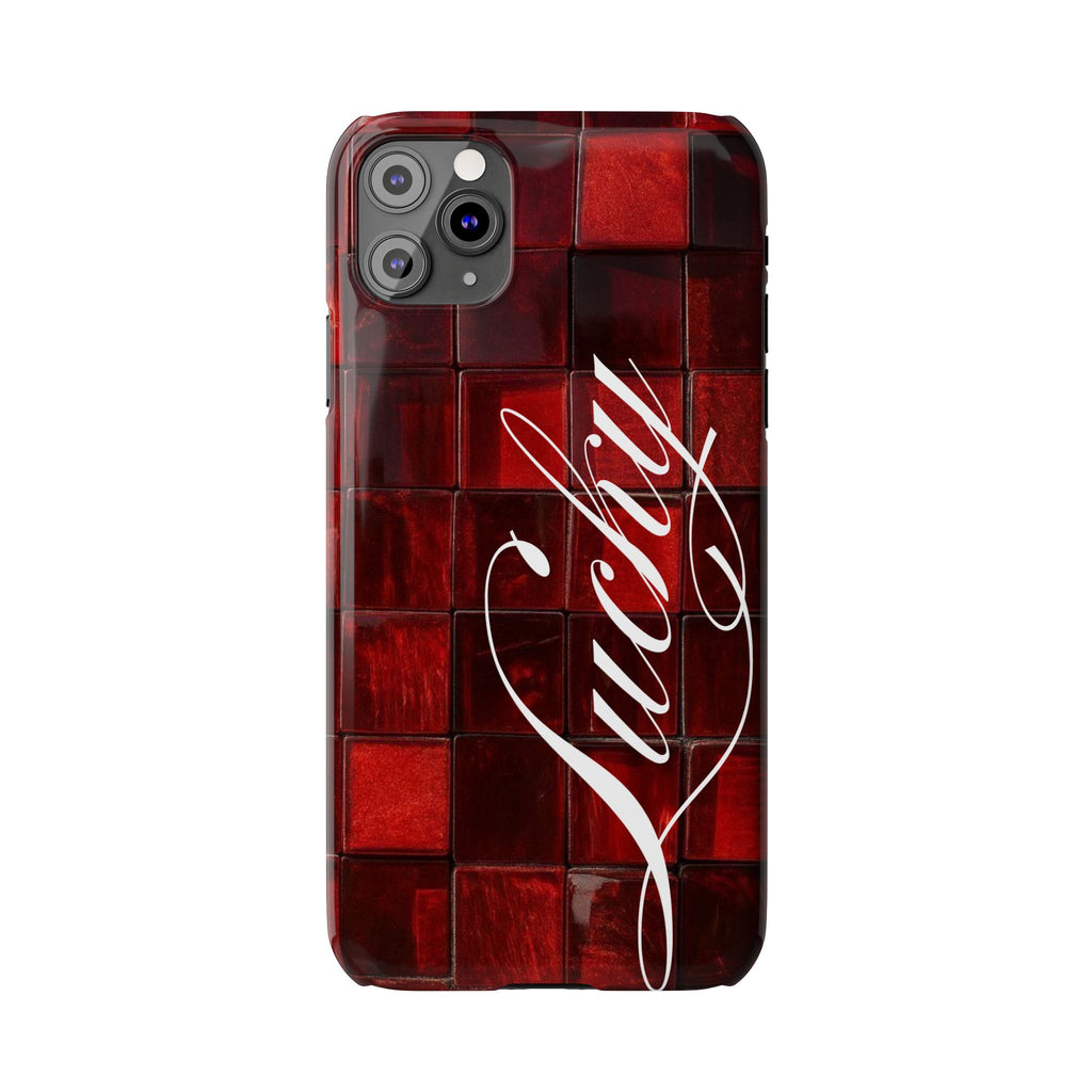Red Mosaic 'Lucky' Slim Phone Case — Stylish Script Protective Cover