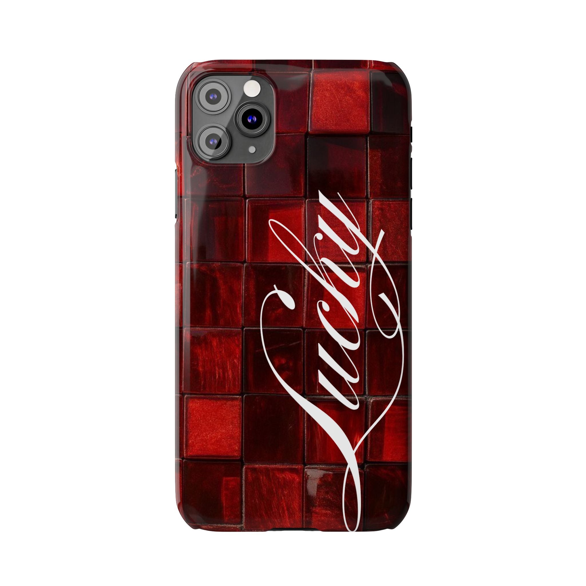 Red Mosaic 'Lucky' Slim Phone Case — Stylish Script Protective Cover