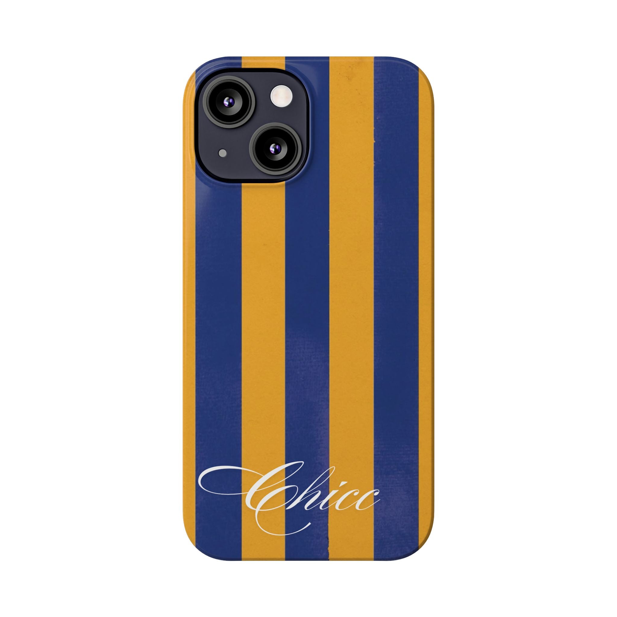 Striped Navy & Gold Slim Phone Case — "Chicc" Script Accent