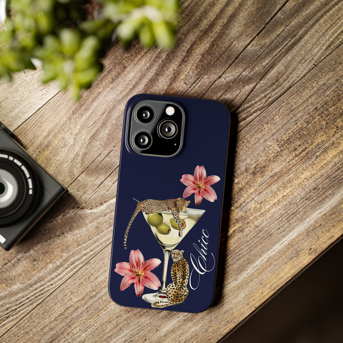 Heritage Cheetah Martini Slim Phone Case — Floral Cocktail Design