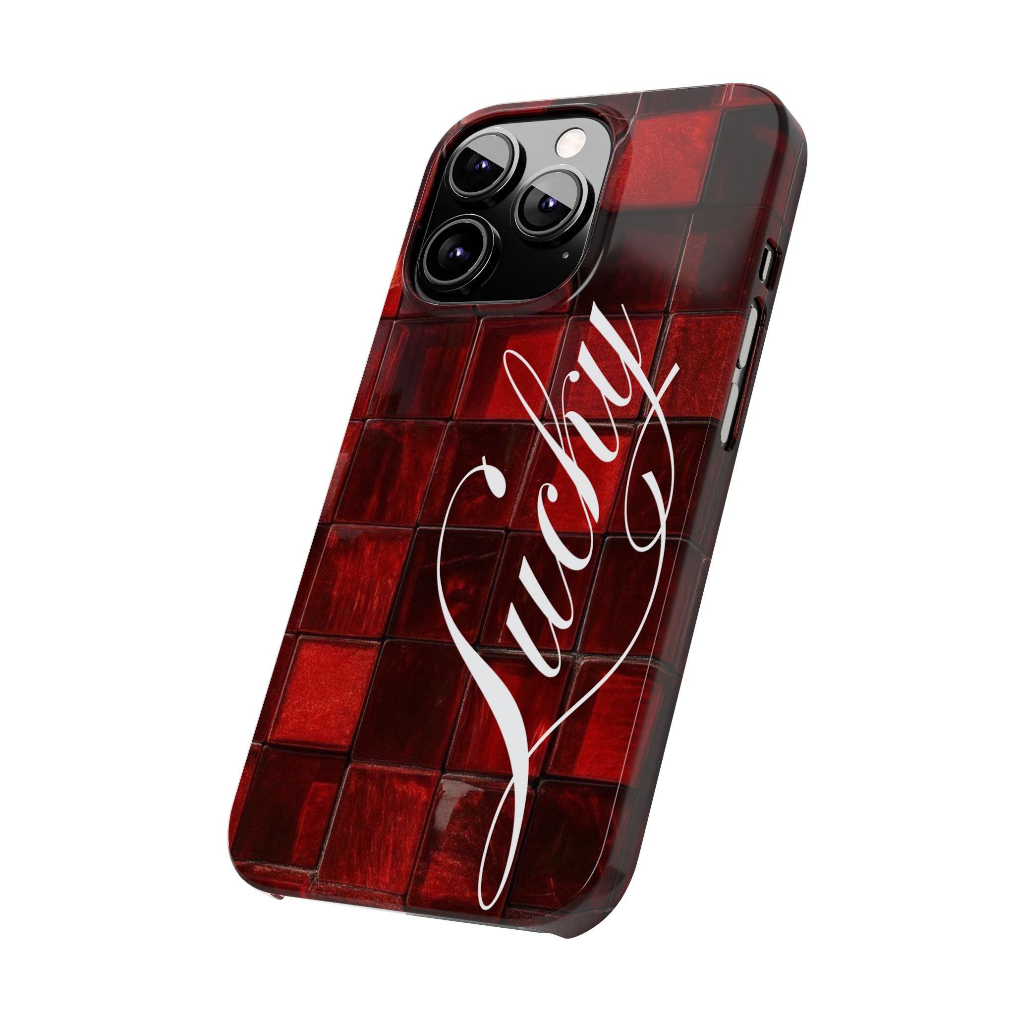 Red Mosaic 'Lucky' Slim Phone Case — Stylish Script Protective Cover