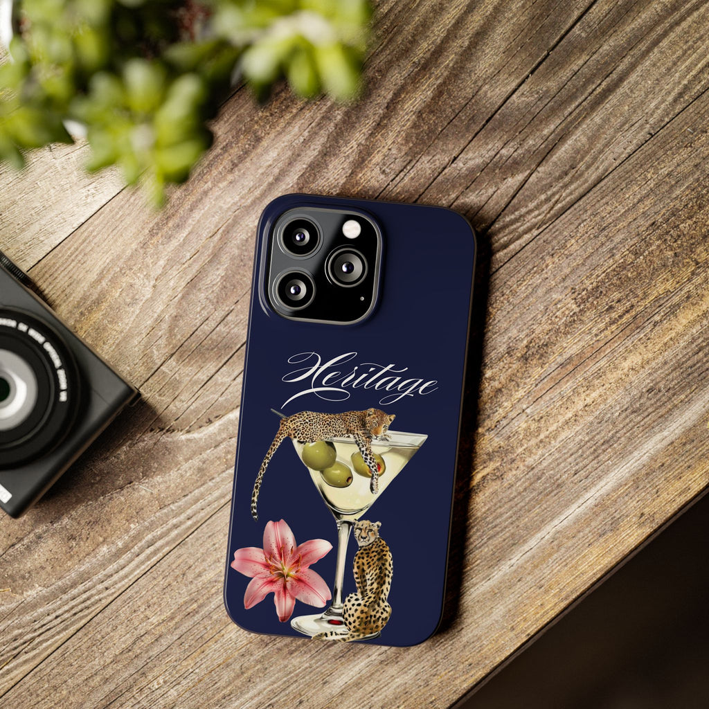 Heritage Cheetah Martini Slim Phone Case — Floral Cocktail Design