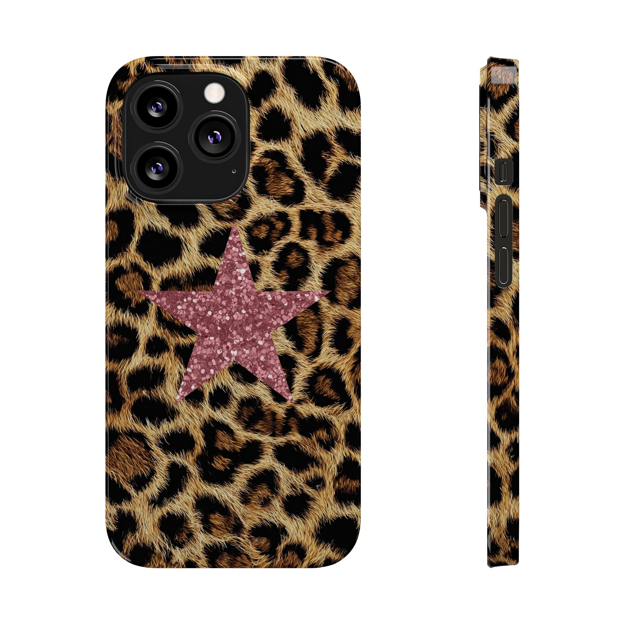 Leopard Print Slim Phone Case with Pink Glitter Star — Chic Animal Print Protective Cover