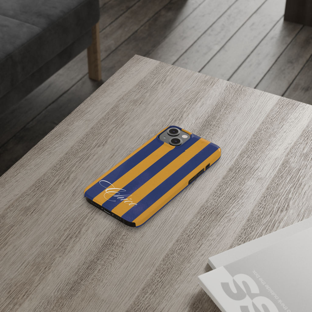 Striped Navy & Gold Slim Phone Case — "Chicc" Script Accent