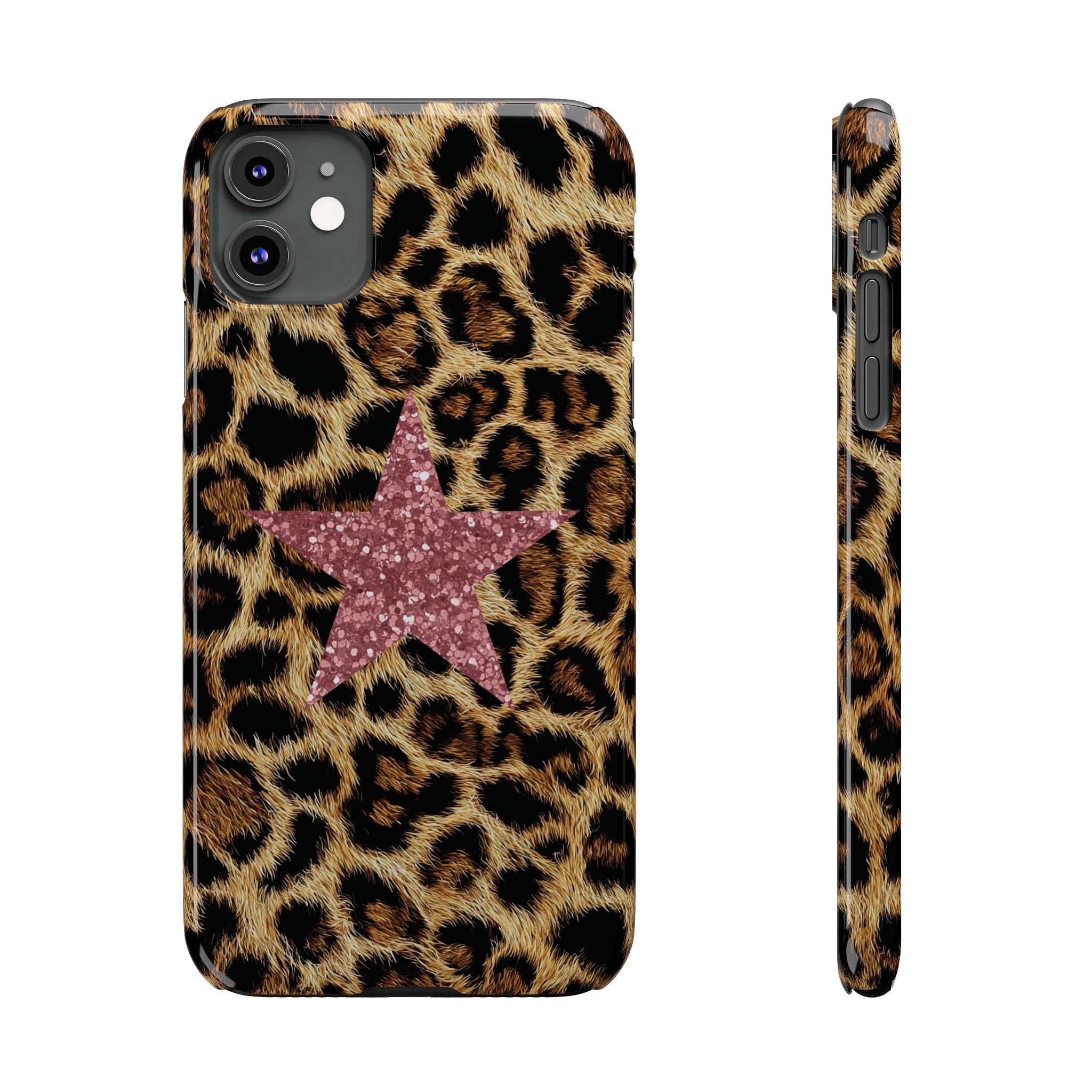 Leopard Print Slim Phone Case with Pink Glitter Star — Chic Animal Print Protective Cover
