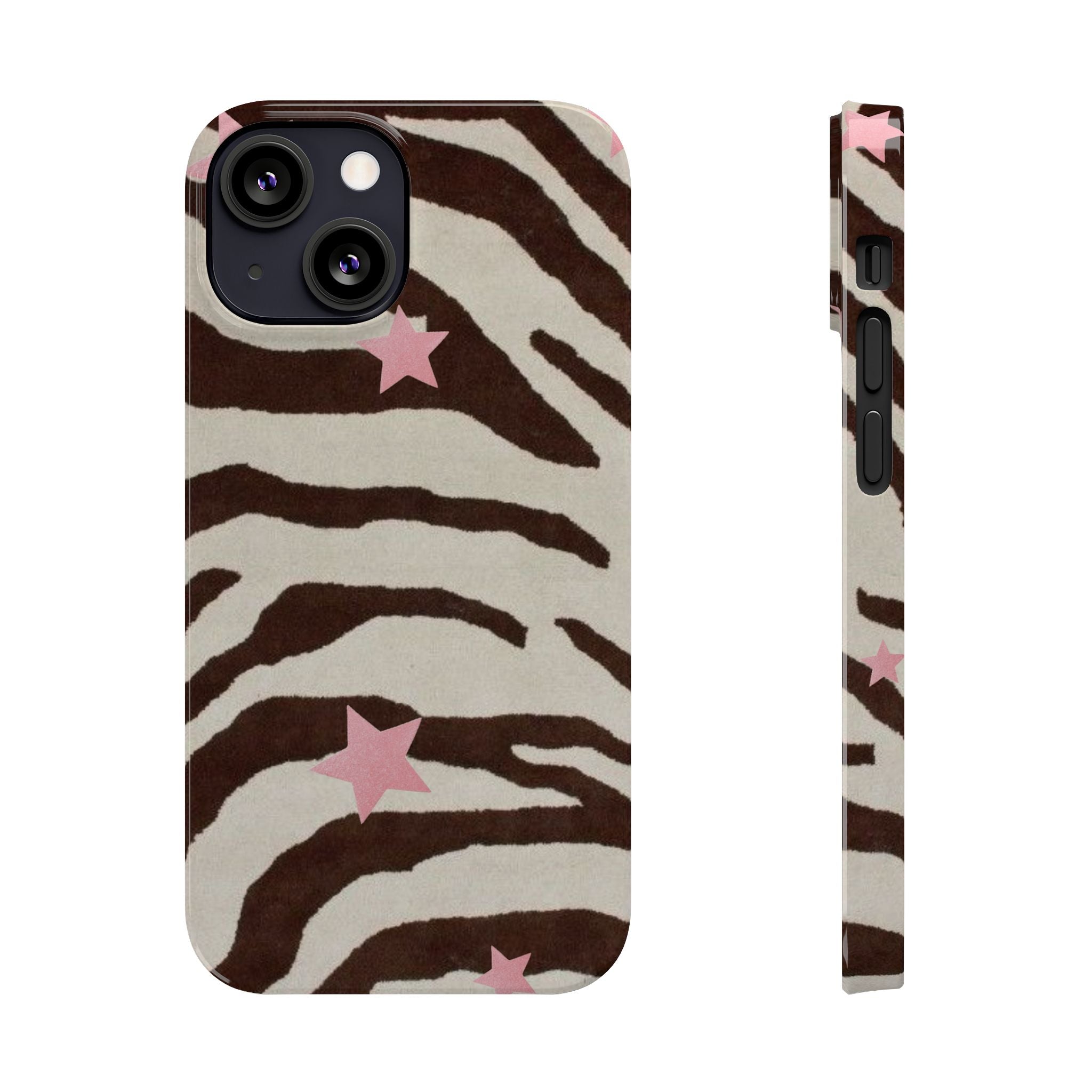 Zebra Stripe Slim Phone Case with Pink Stars – Trendy Animal Print Protector
