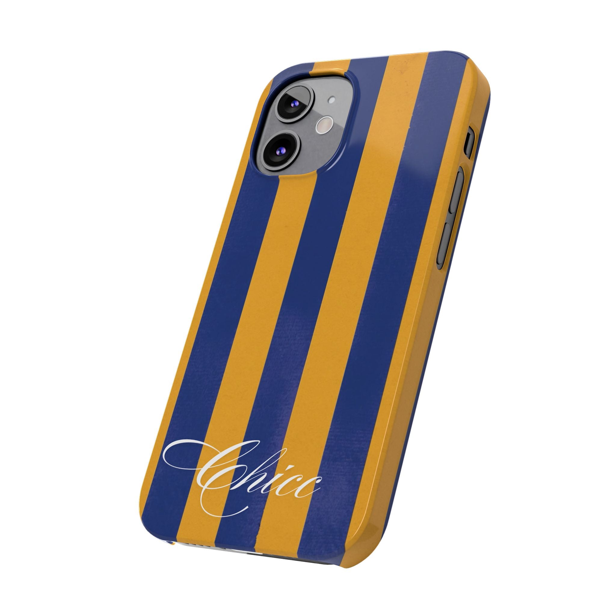 Striped Navy & Gold Slim Phone Case — "Chicc" Script Accent