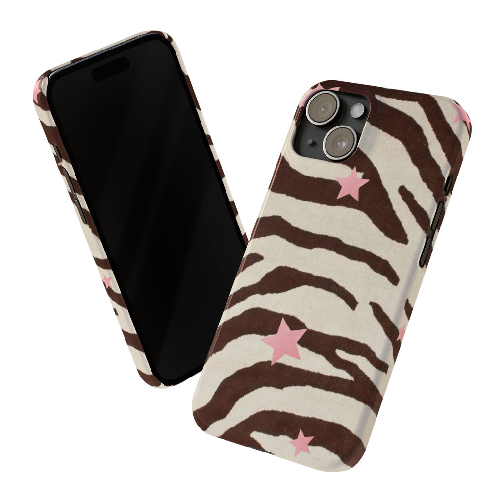 Zebra Stripe Slim Phone Case with Pink Stars – Trendy Animal Print Protector