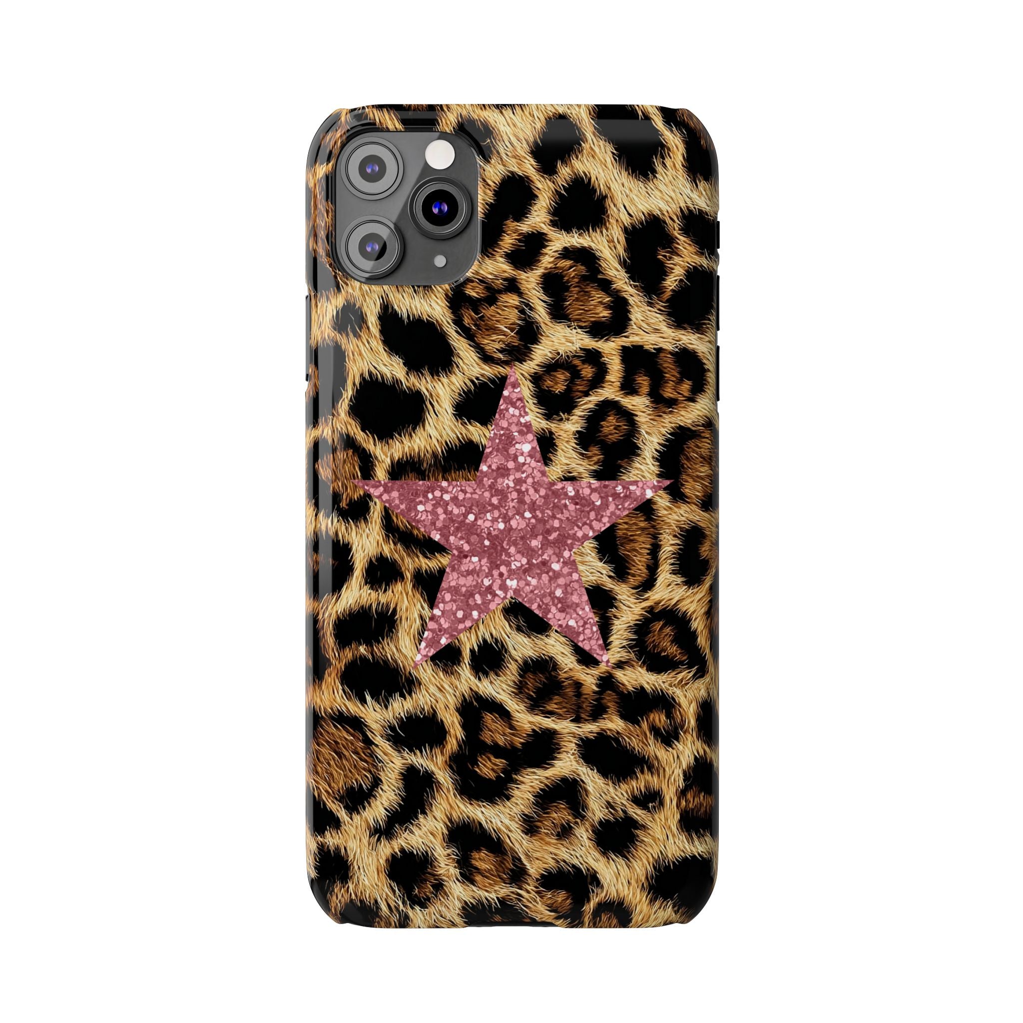 Leopard Print Slim Phone Case with Pink Glitter Star — Chic Animal Print Protective Cover