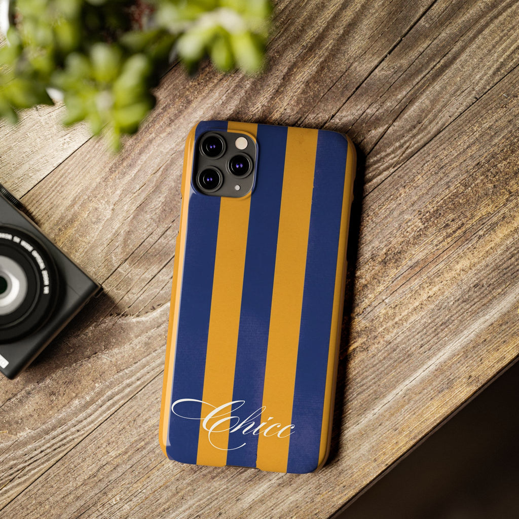 Striped Navy & Gold Slim Phone Case — "Chicc" Script Accent