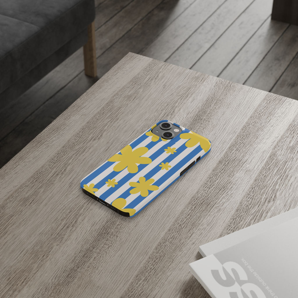 Retro Blue Stripes with Yellow Flower Pattern