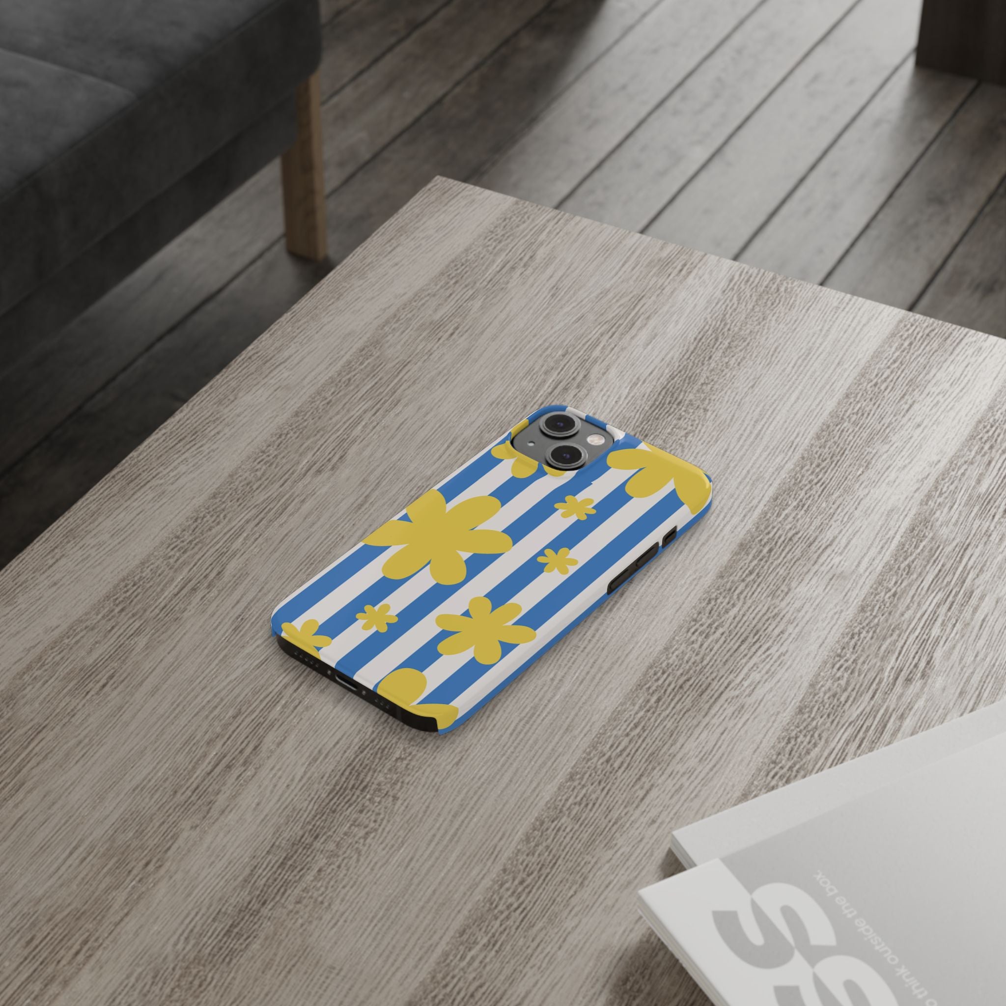 Retro Blue Stripes with Yellow Flower Pattern