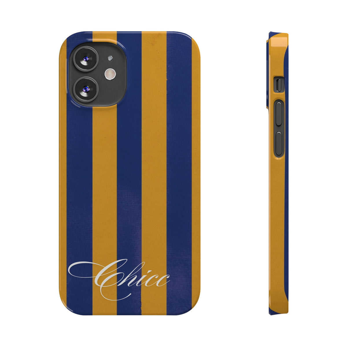 Striped Navy & Gold Slim Phone Case — "Chicc" Script Accent