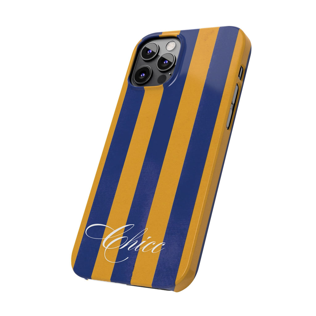 Striped Navy & Gold Slim Phone Case — "Chicc" Script Accent