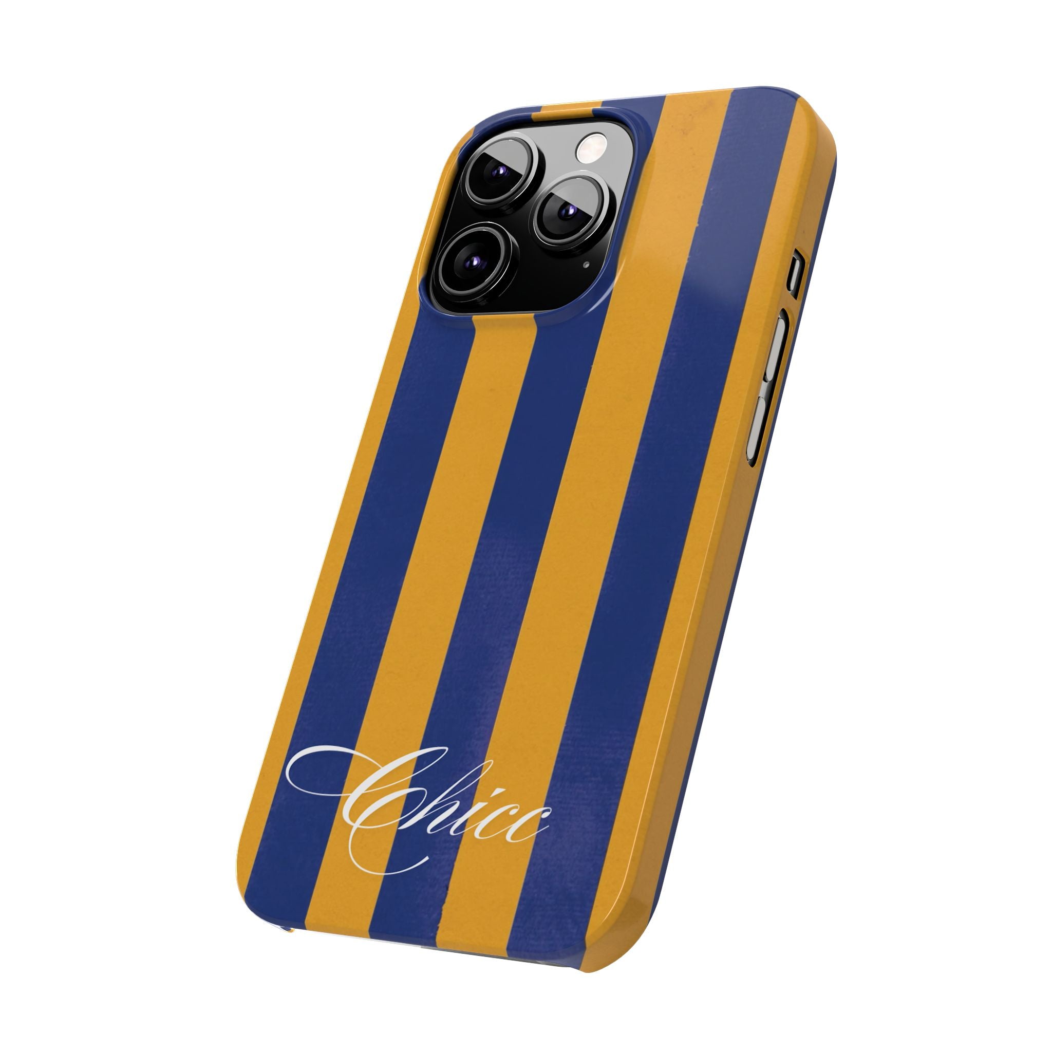 Striped Navy & Gold Slim Phone Case — "Chicc" Script Accent