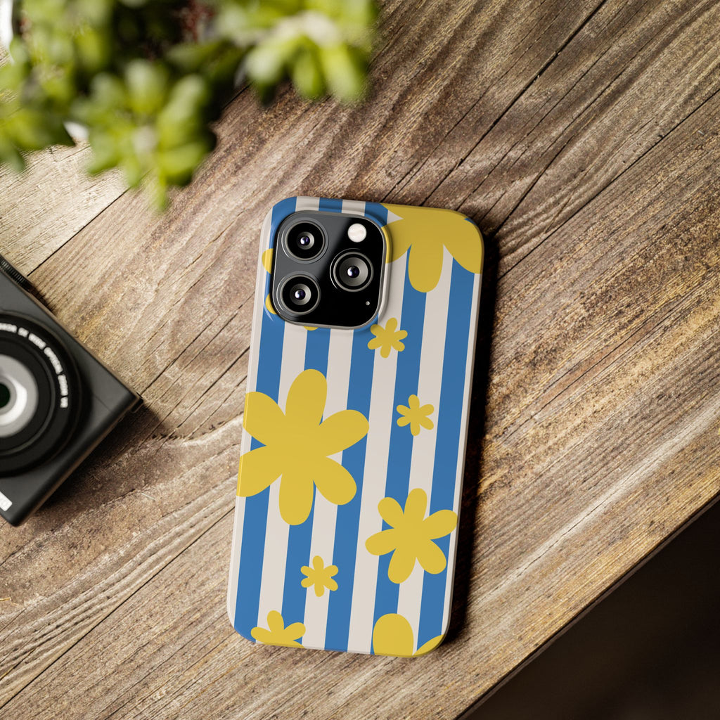 Retro Blue Stripes with Yellow Flower Pattern