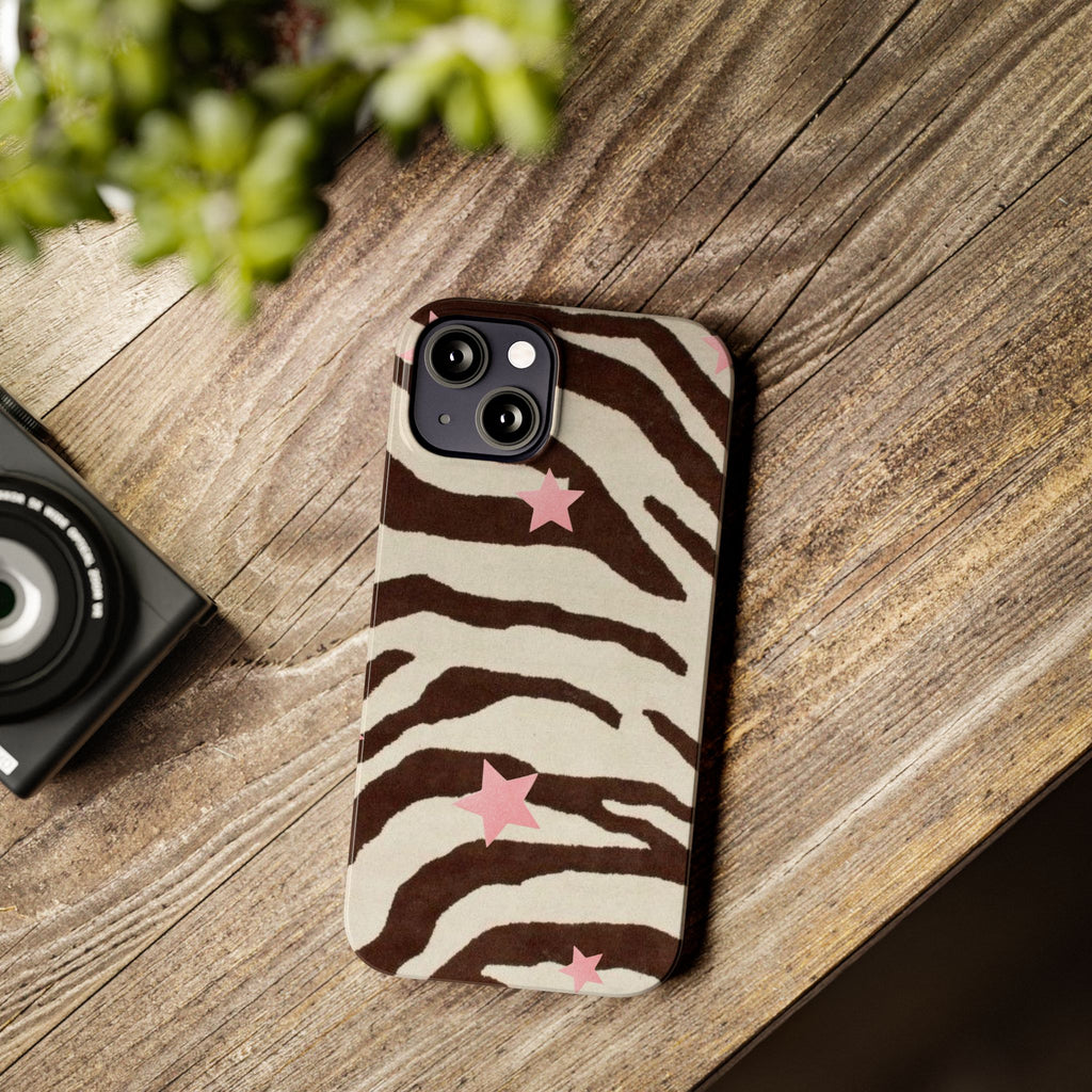 Zebra Stripe Slim Phone Case with Pink Stars – Trendy Animal Print Protector