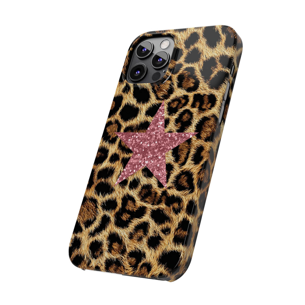 Leopard Print Slim Phone Case with Pink Glitter Star — Chic Animal Print Protective Cover