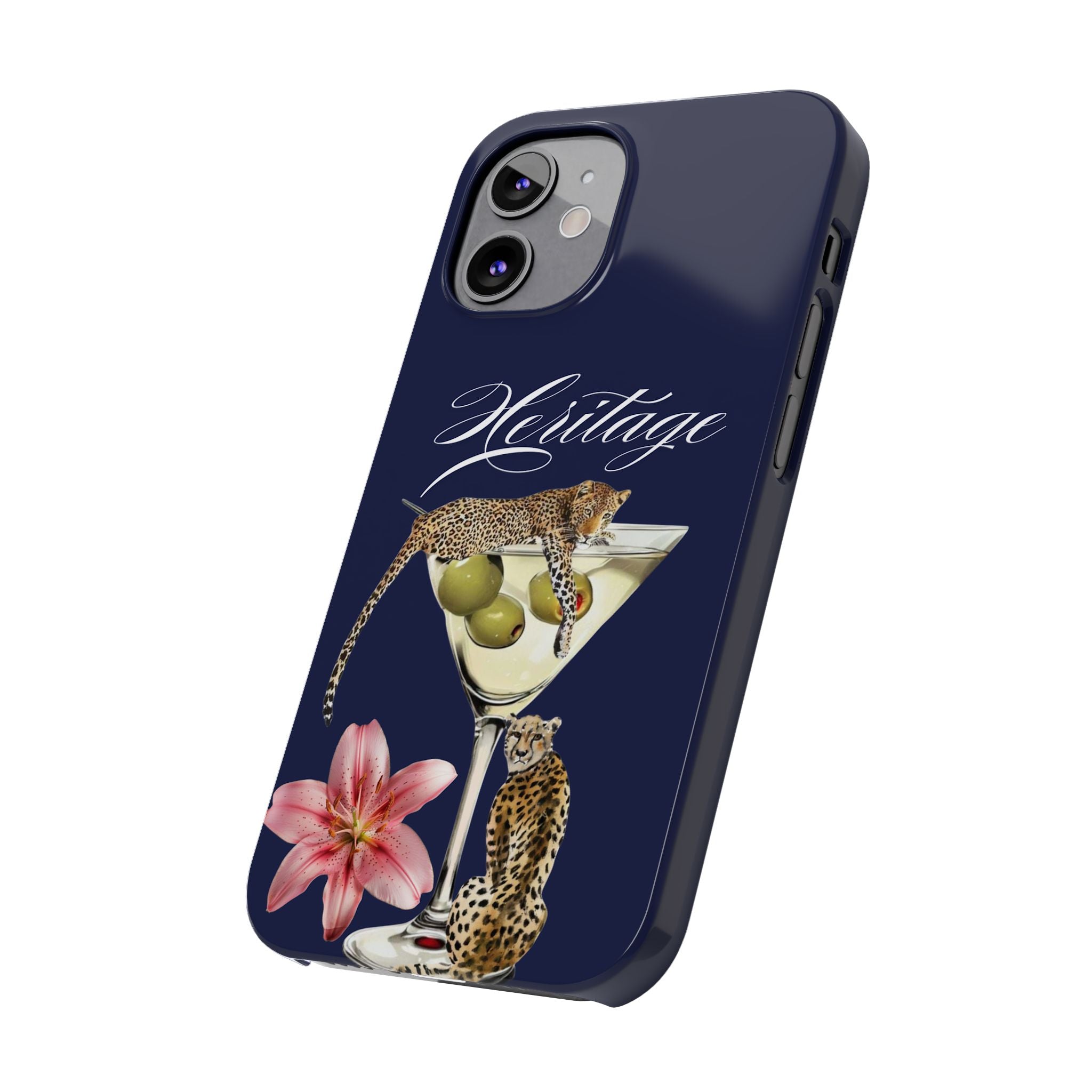 Heritage Cheetah Martini Slim Phone Case — Floral Cocktail Design