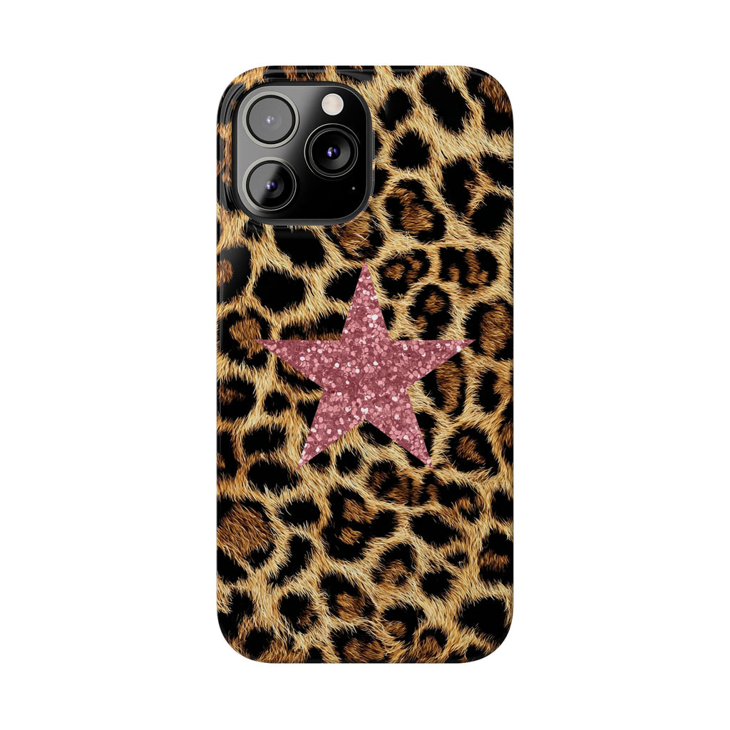 Leopard Print Slim Phone Case with Pink Glitter Star — Chic Animal Print Protective Cover