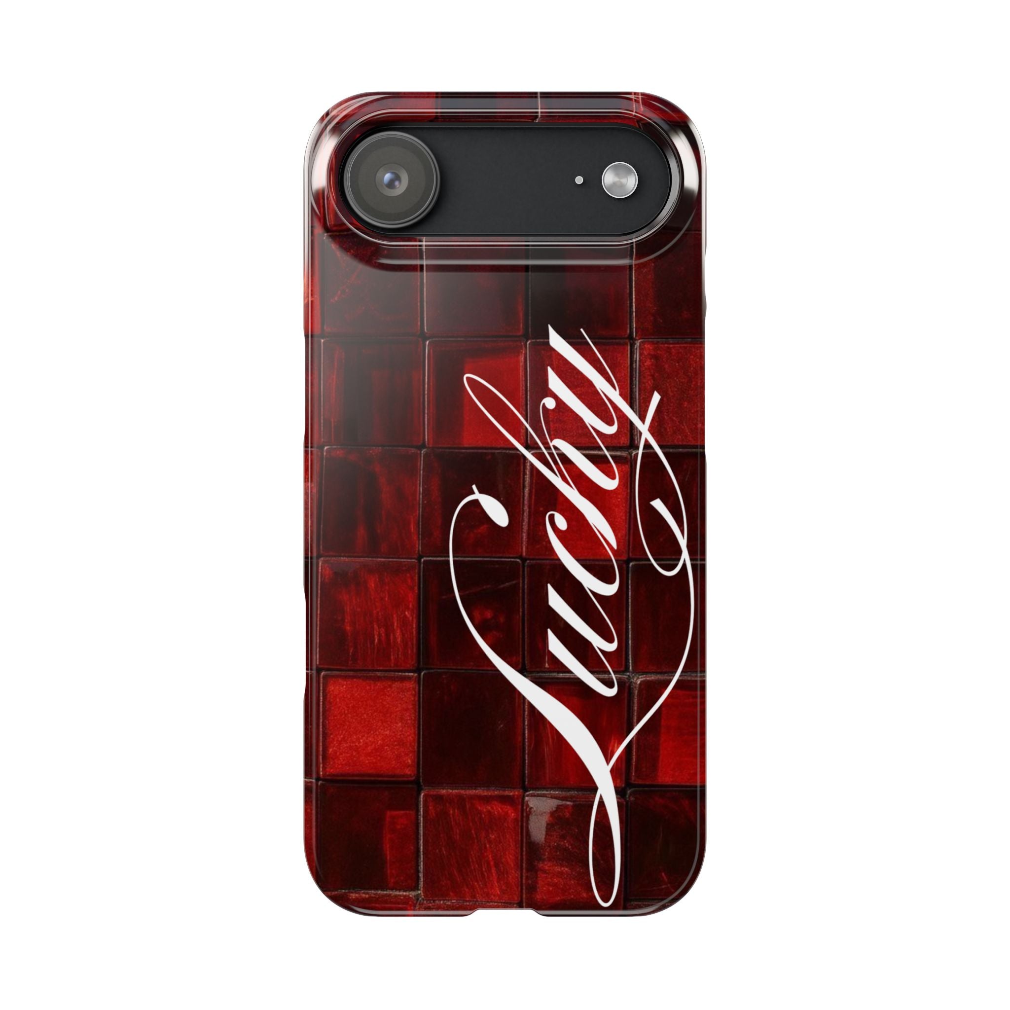 Red Mosaic 'Lucky' Slim Phone Case — Stylish Script Protective Cover