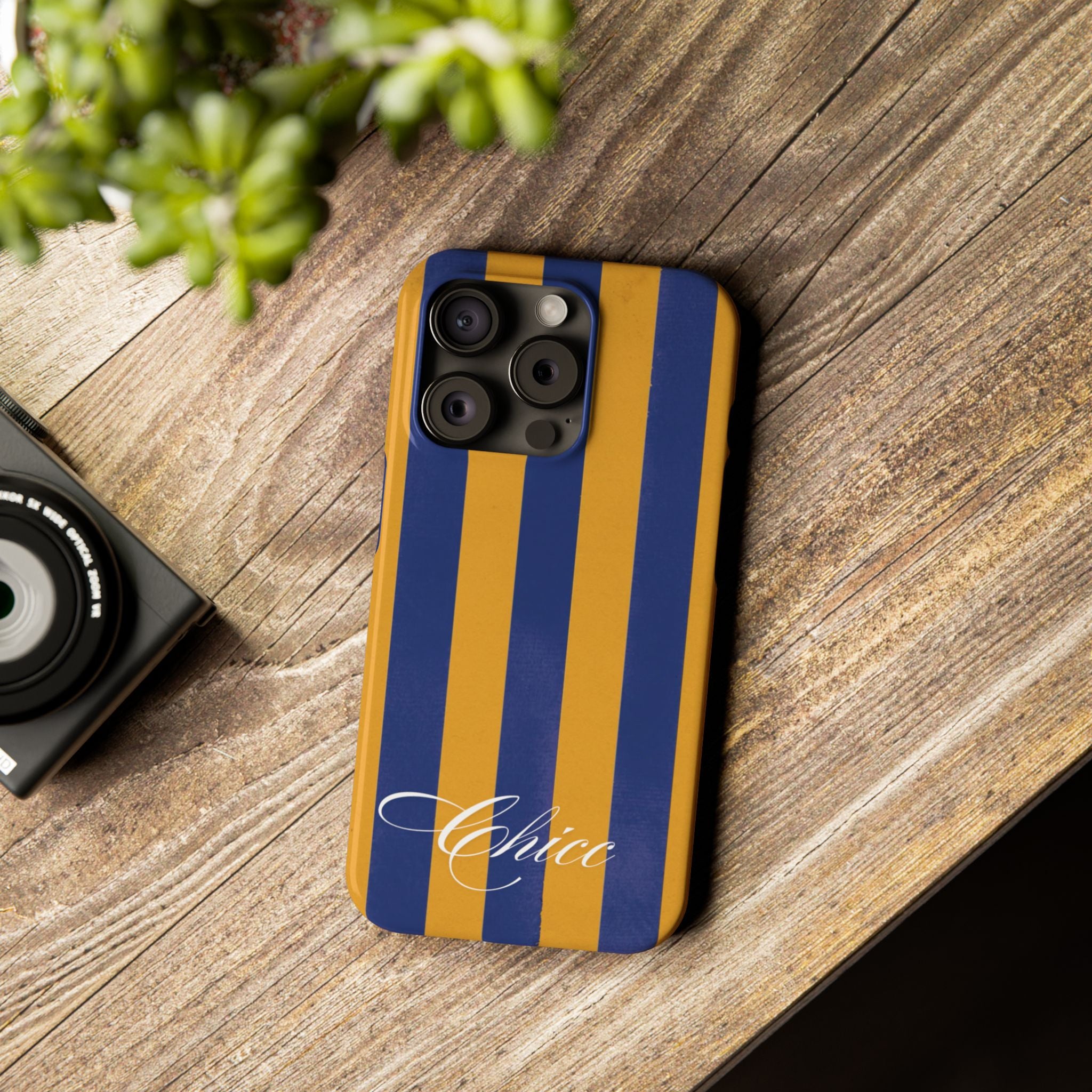 Striped Navy & Gold Slim Phone Case — "Chicc" Script Accent