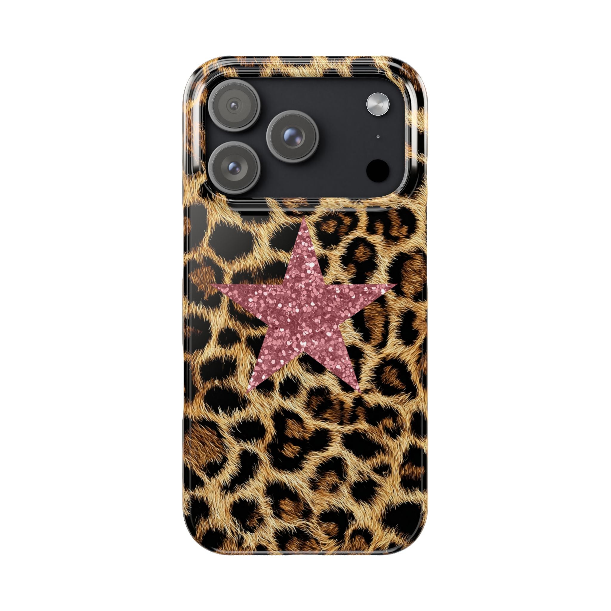 Leopard Print Slim Phone Case with Pink Glitter Star — Chic Animal Print Protective Cover