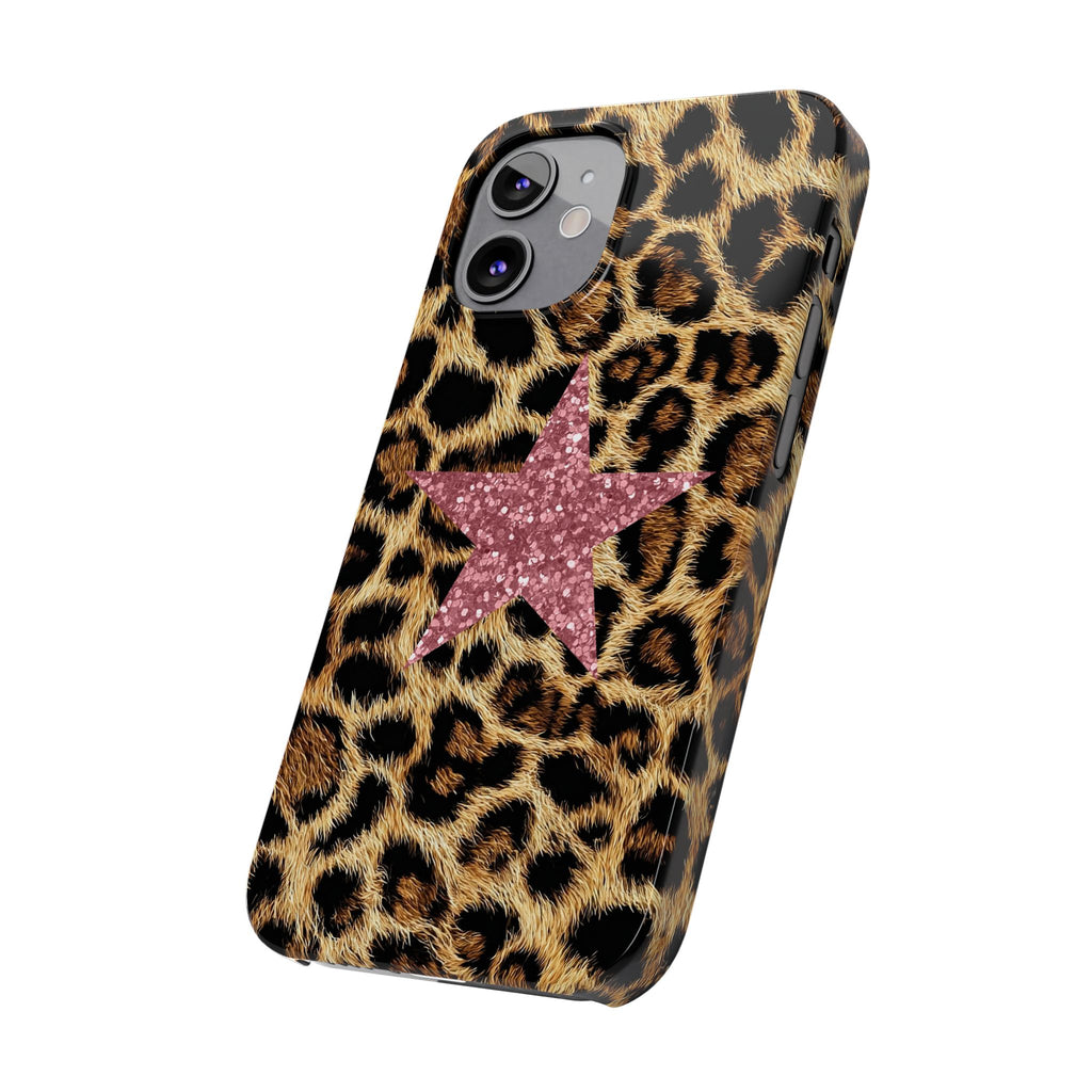 Leopard Print Slim Phone Case with Pink Glitter Star — Chic Animal Print Protective Cover