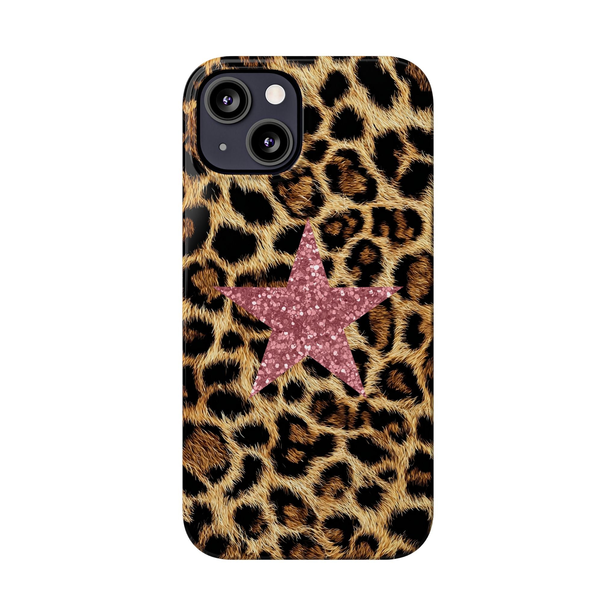 Leopard Print Slim Phone Case with Pink Glitter Star — Chic Animal Print Protective Cover