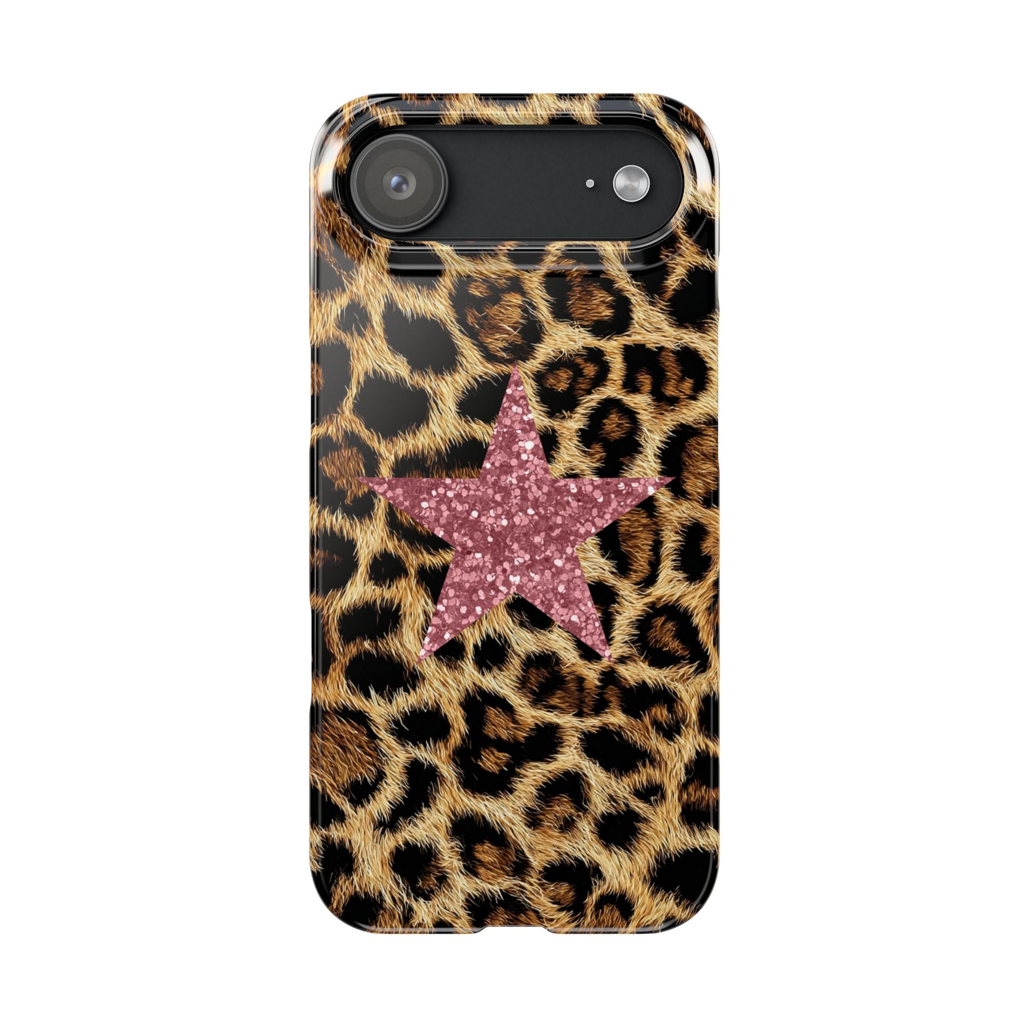 Leopard Print Slim Phone Case with Pink Glitter Star — Chic Animal Print Protective Cover