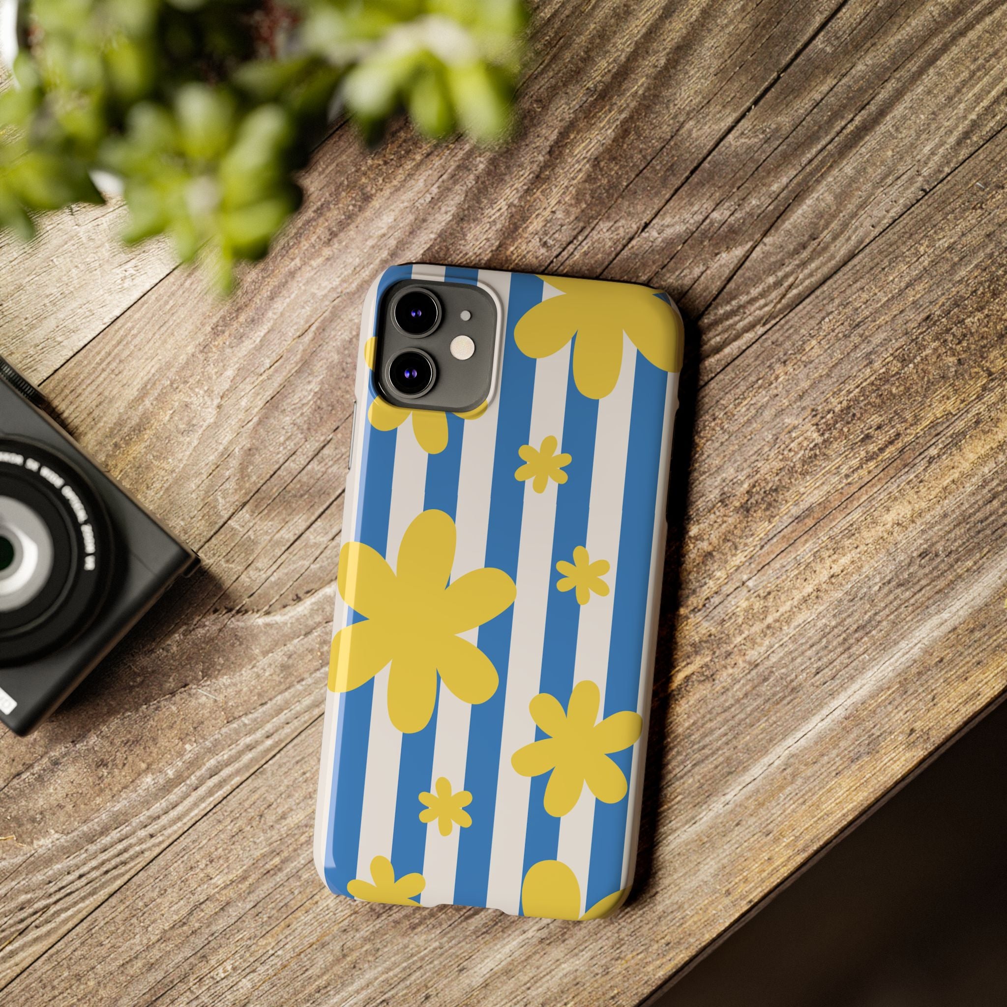 Retro Blue Stripes with Yellow Flower Pattern