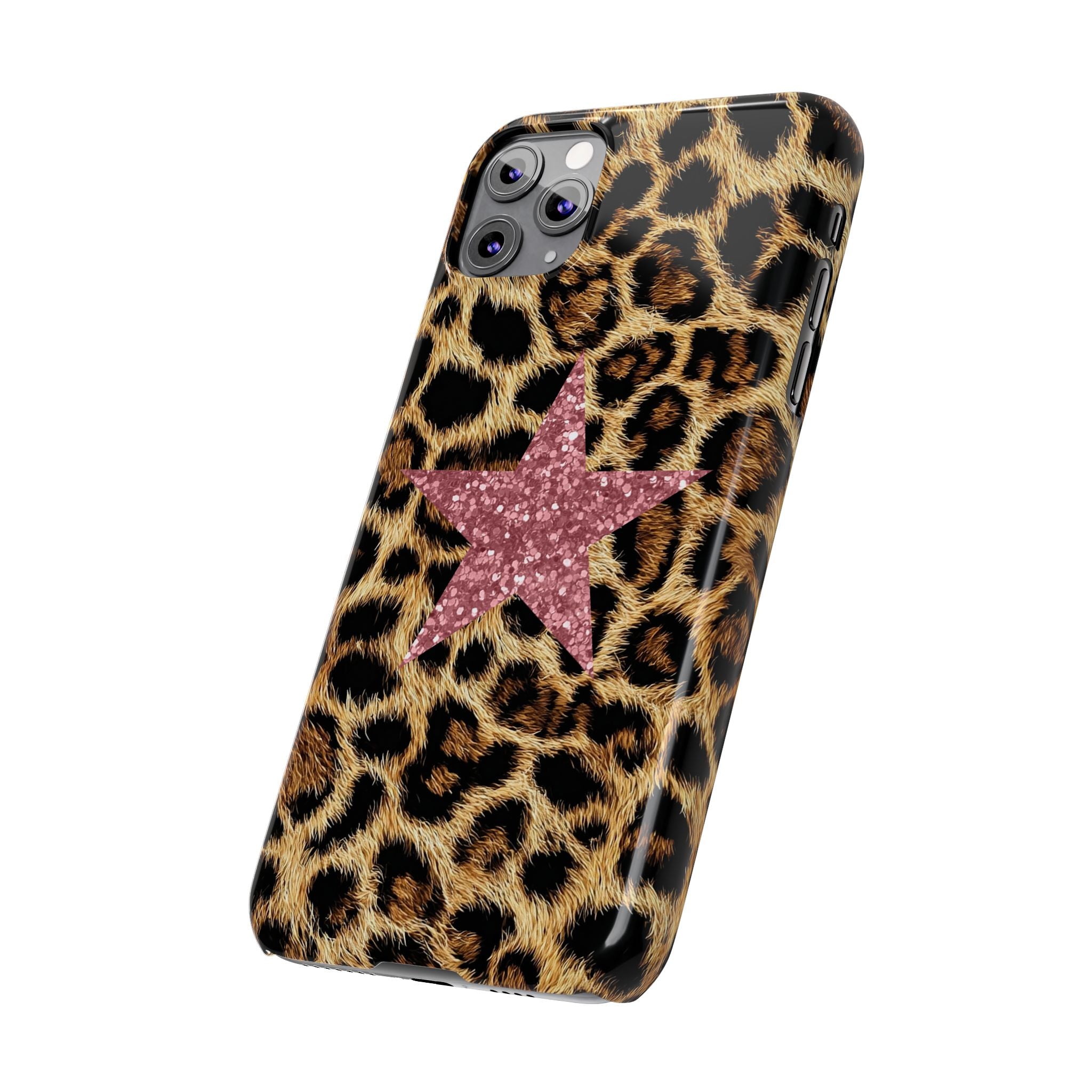 Leopard Print Slim Phone Case with Pink Glitter Star — Chic Animal Print Protective Cover