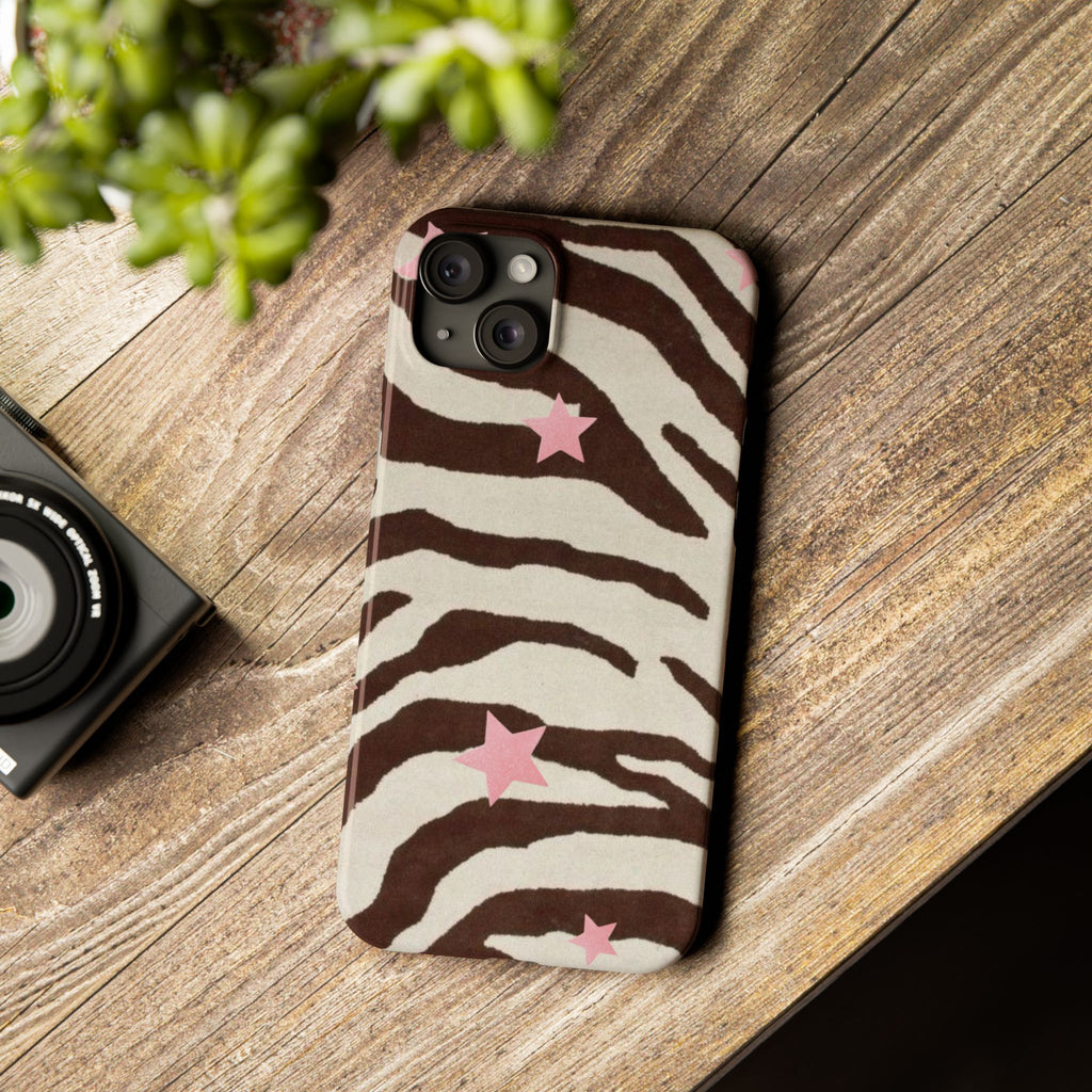 Zebra Stripe Slim Phone Case with Pink Stars – Trendy Animal Print Protector