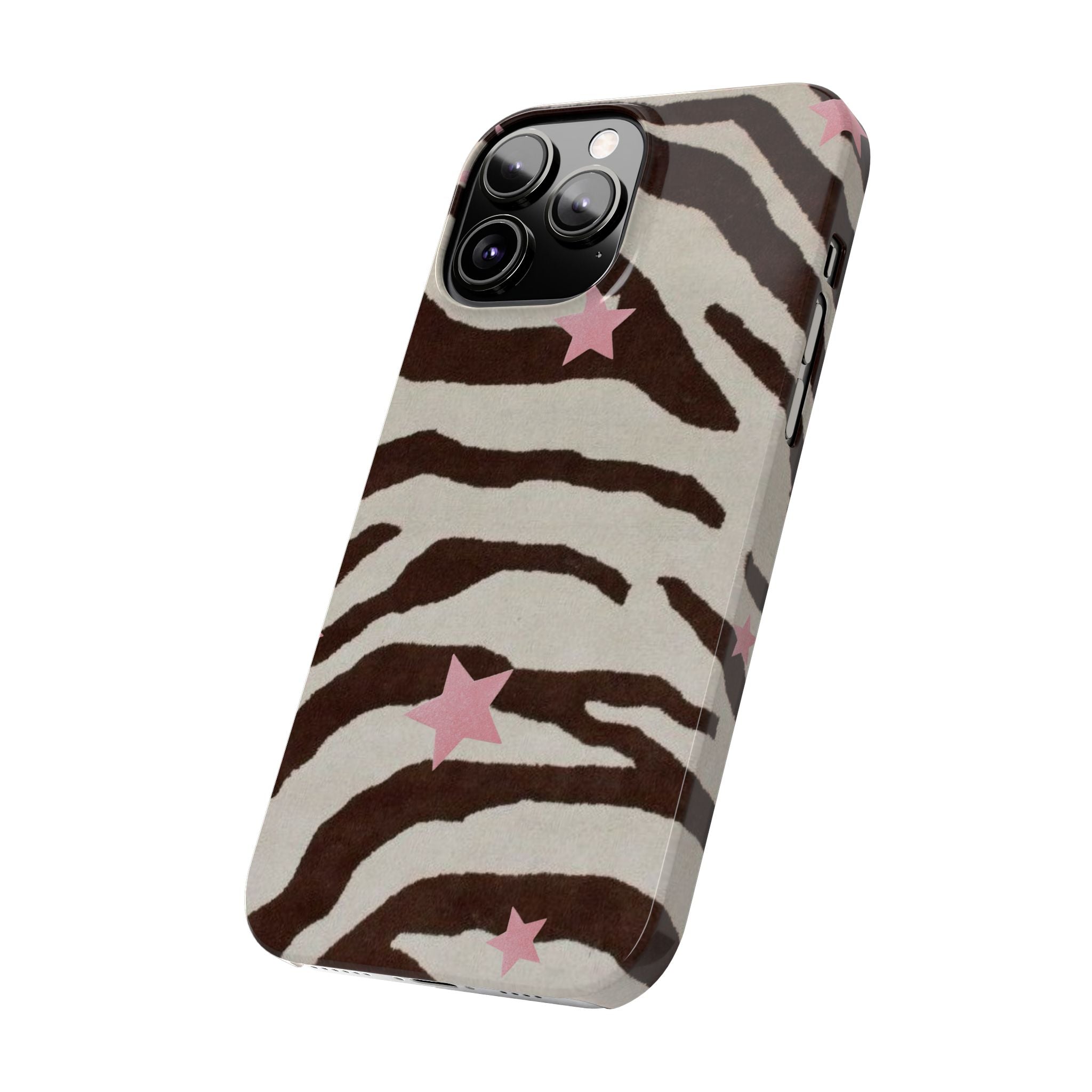 Zebra Stripe Slim Phone Case with Pink Stars – Trendy Animal Print Protector