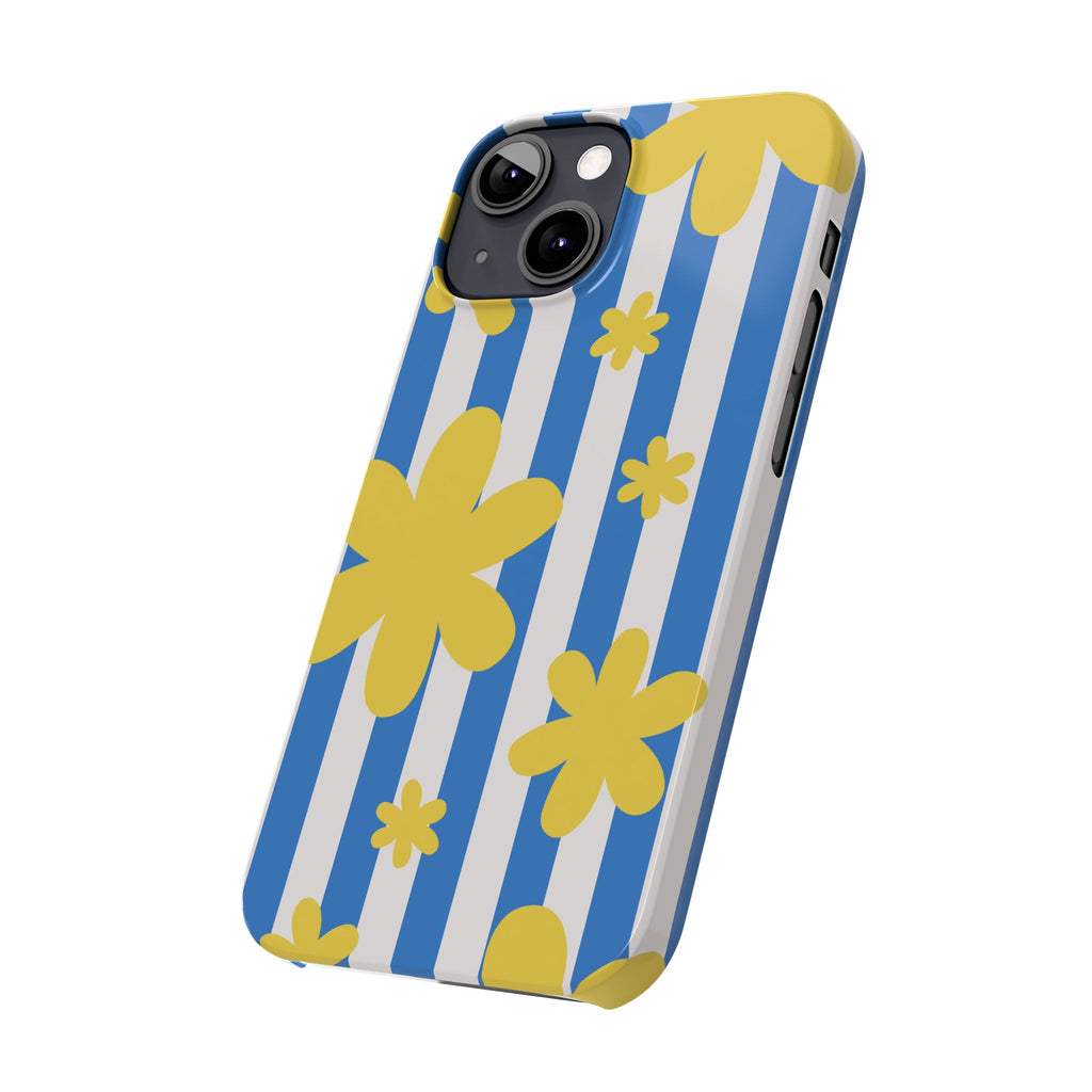 Retro Blue Stripes with Yellow Flower Pattern