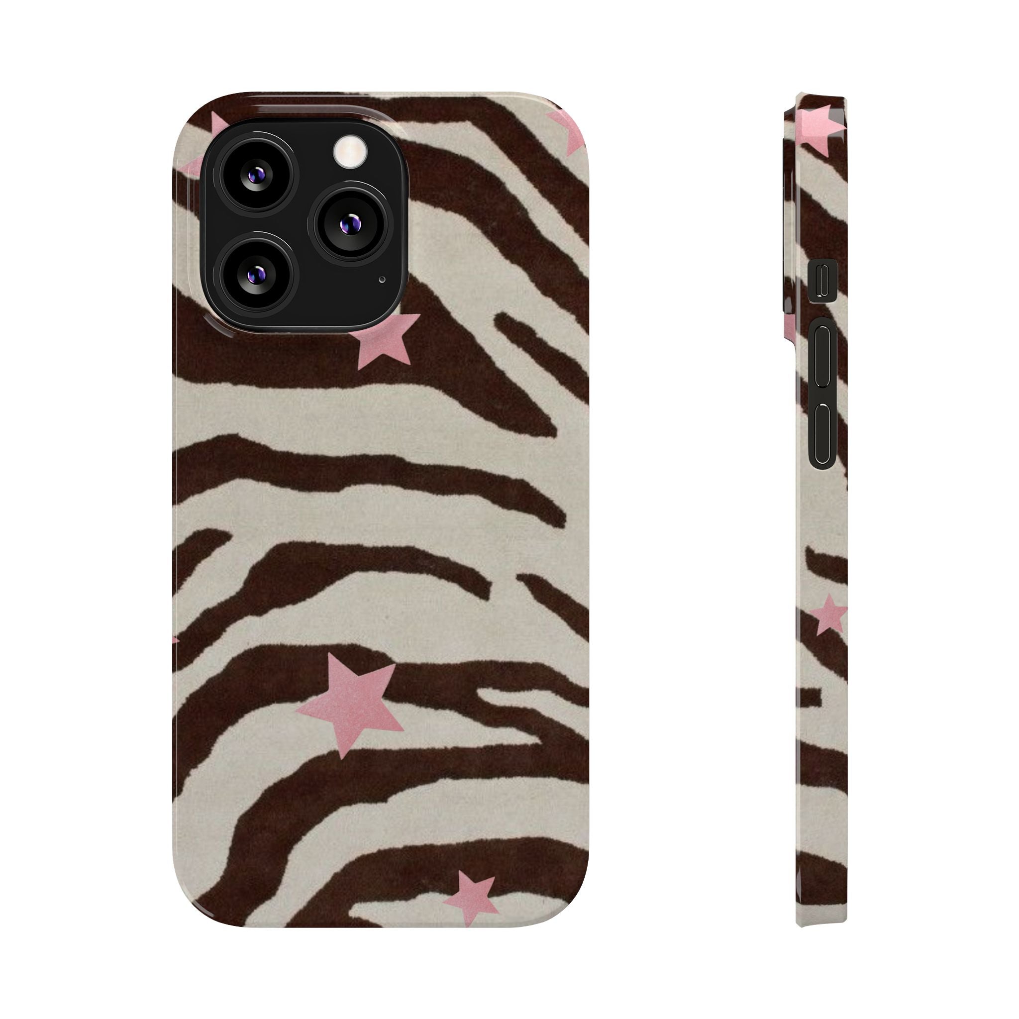 Zebra Stripe Slim Phone Case with Pink Stars – Trendy Animal Print Protector