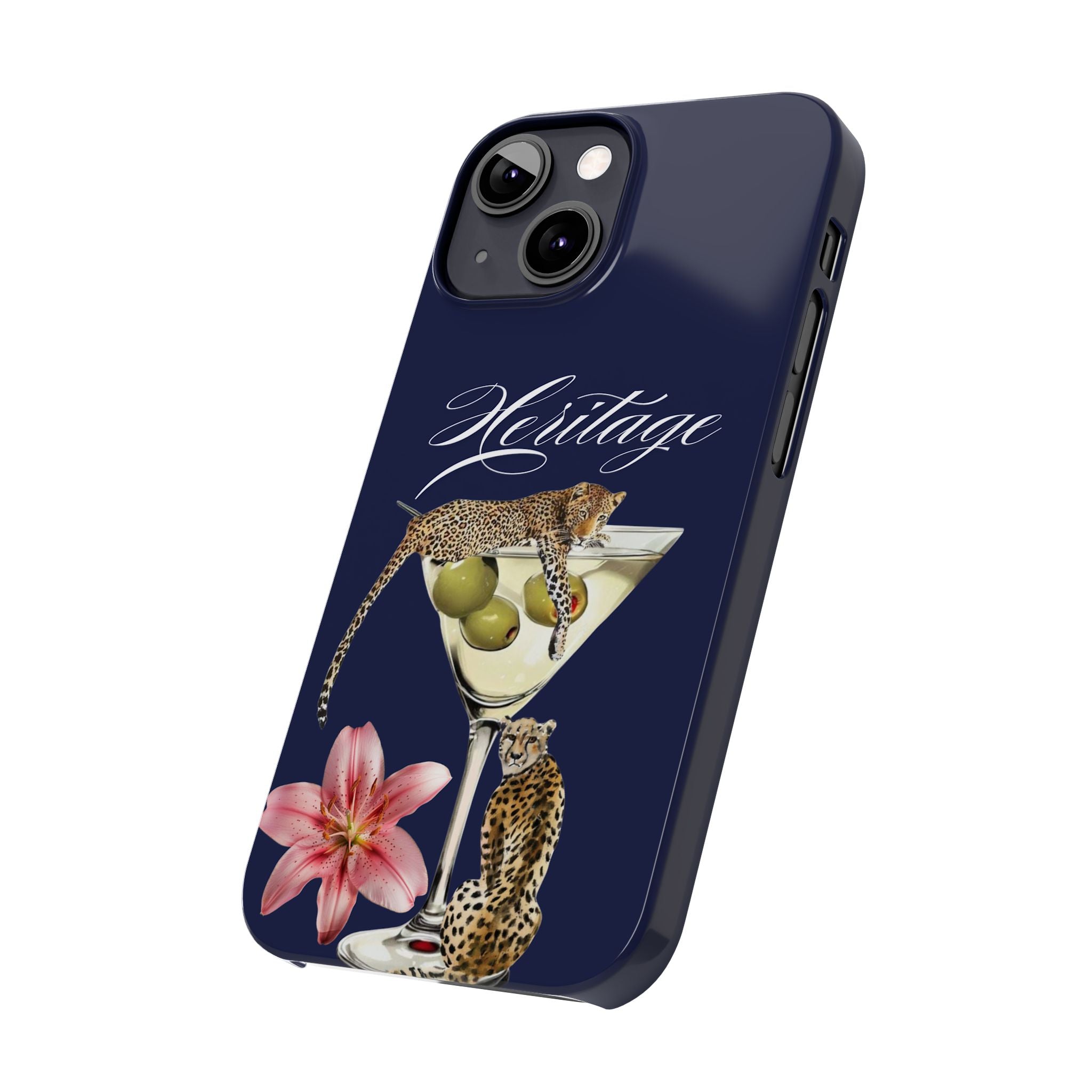 Heritage Cheetah Martini Slim Phone Case — Floral Cocktail Design