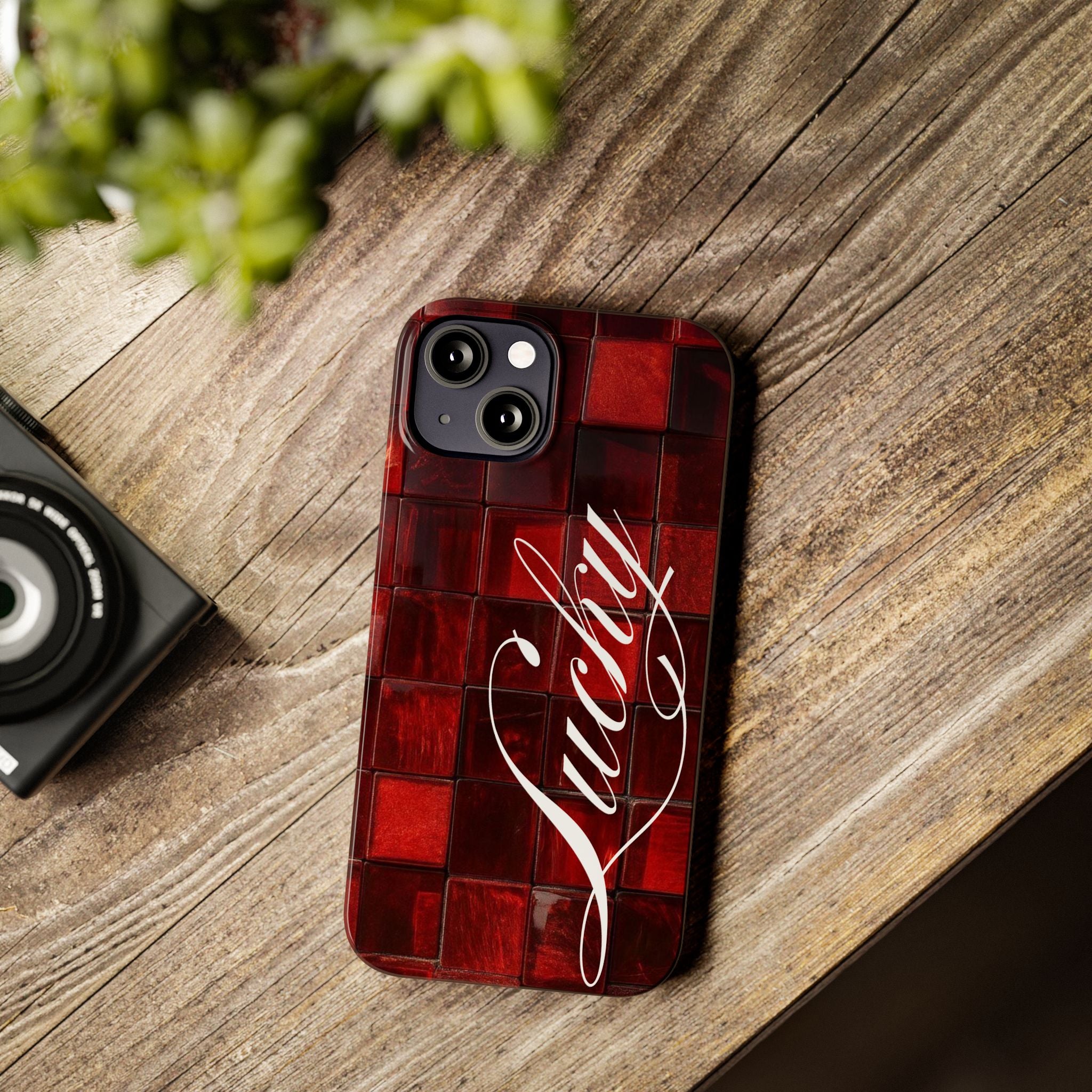 Red Mosaic 'Lucky' Slim Phone Case — Stylish Script Protective Cover