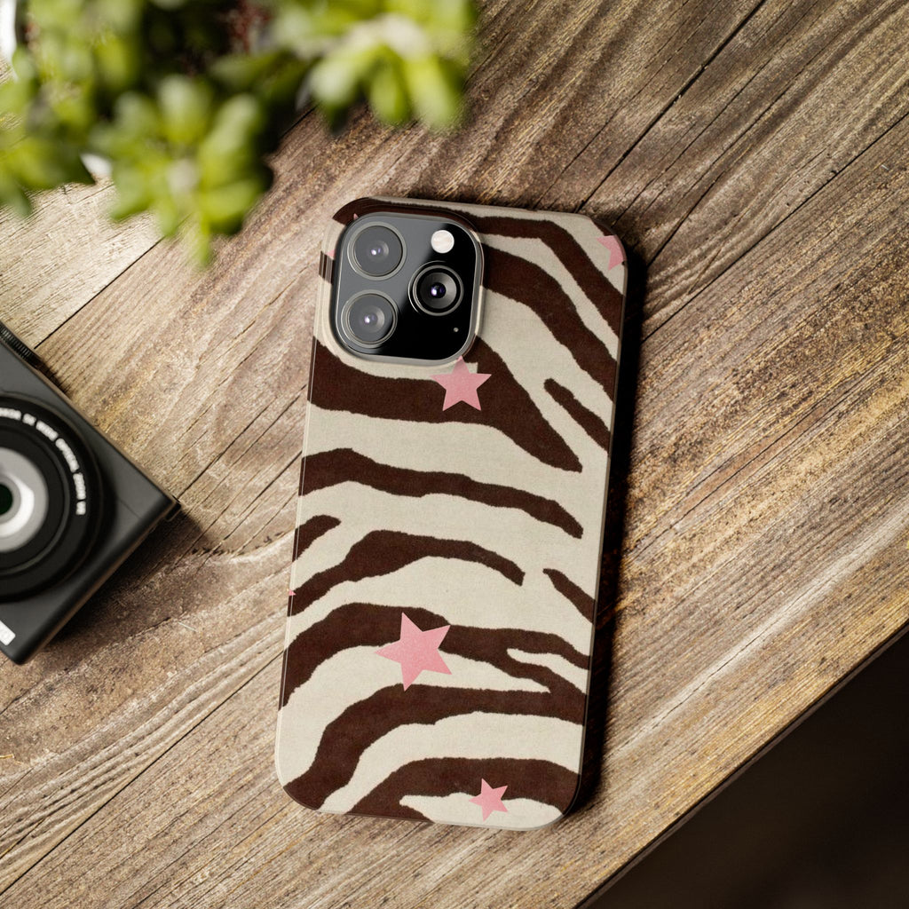 Zebra Stripe Slim Phone Case with Pink Stars – Trendy Animal Print Protector