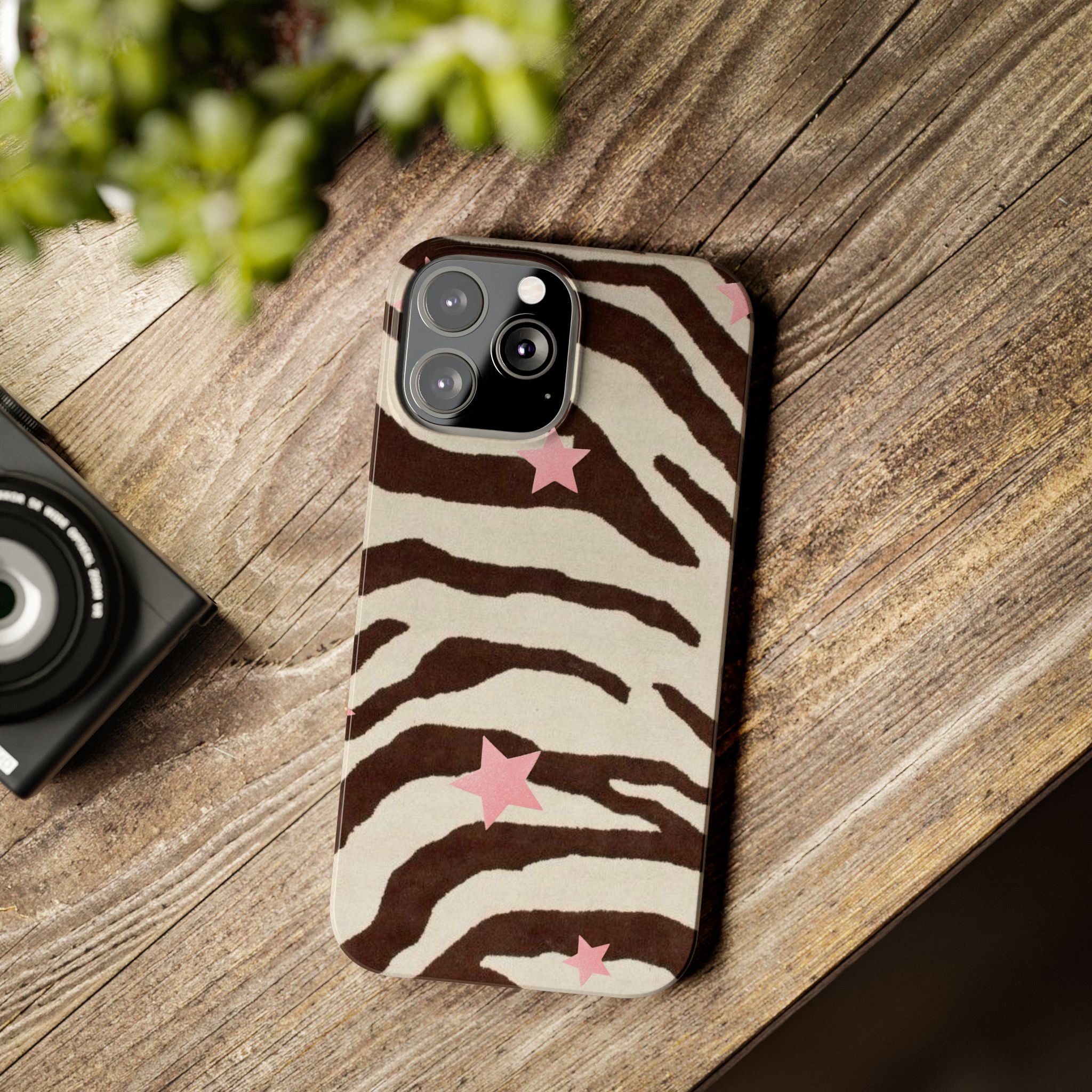 Zebra Stripe Slim Phone Case with Pink Stars – Trendy Animal Print Protector