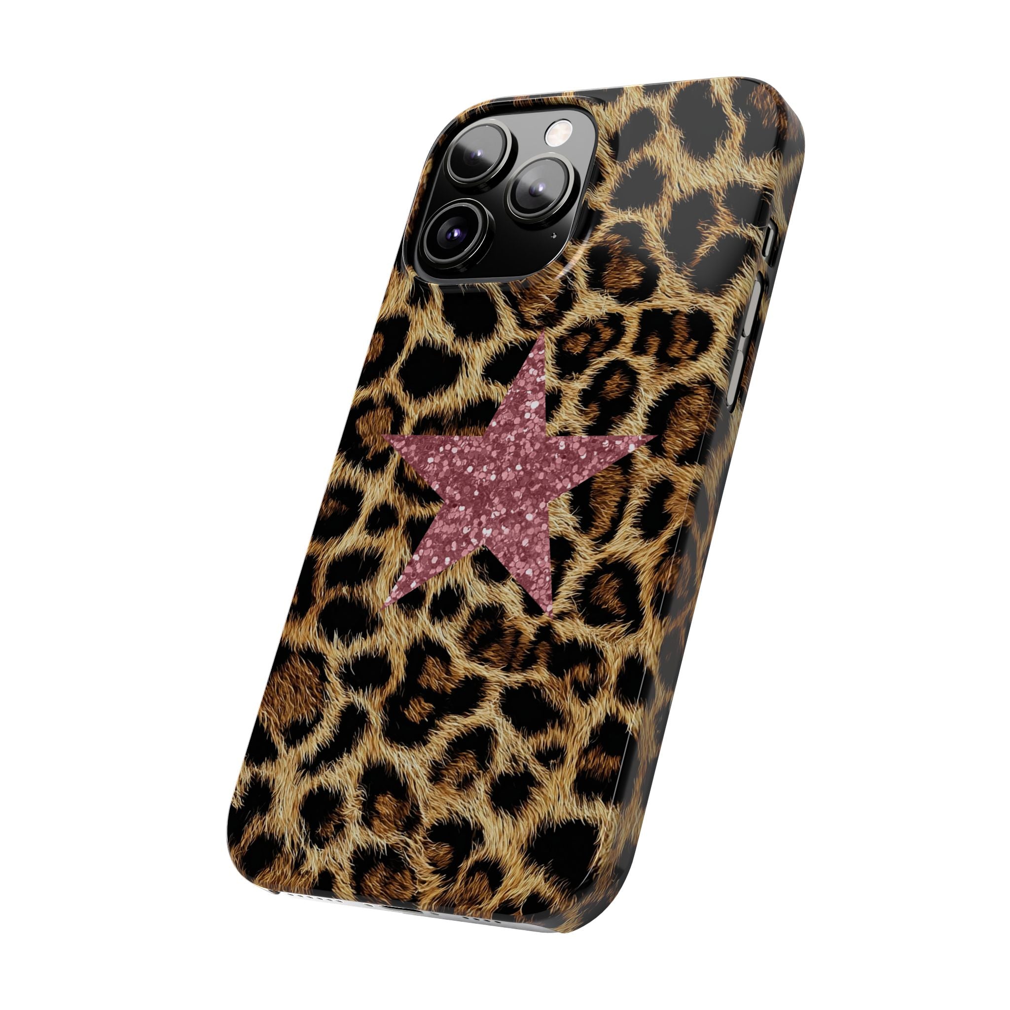 Leopard Print Slim Phone Case with Pink Glitter Star — Chic Animal Print Protective Cover