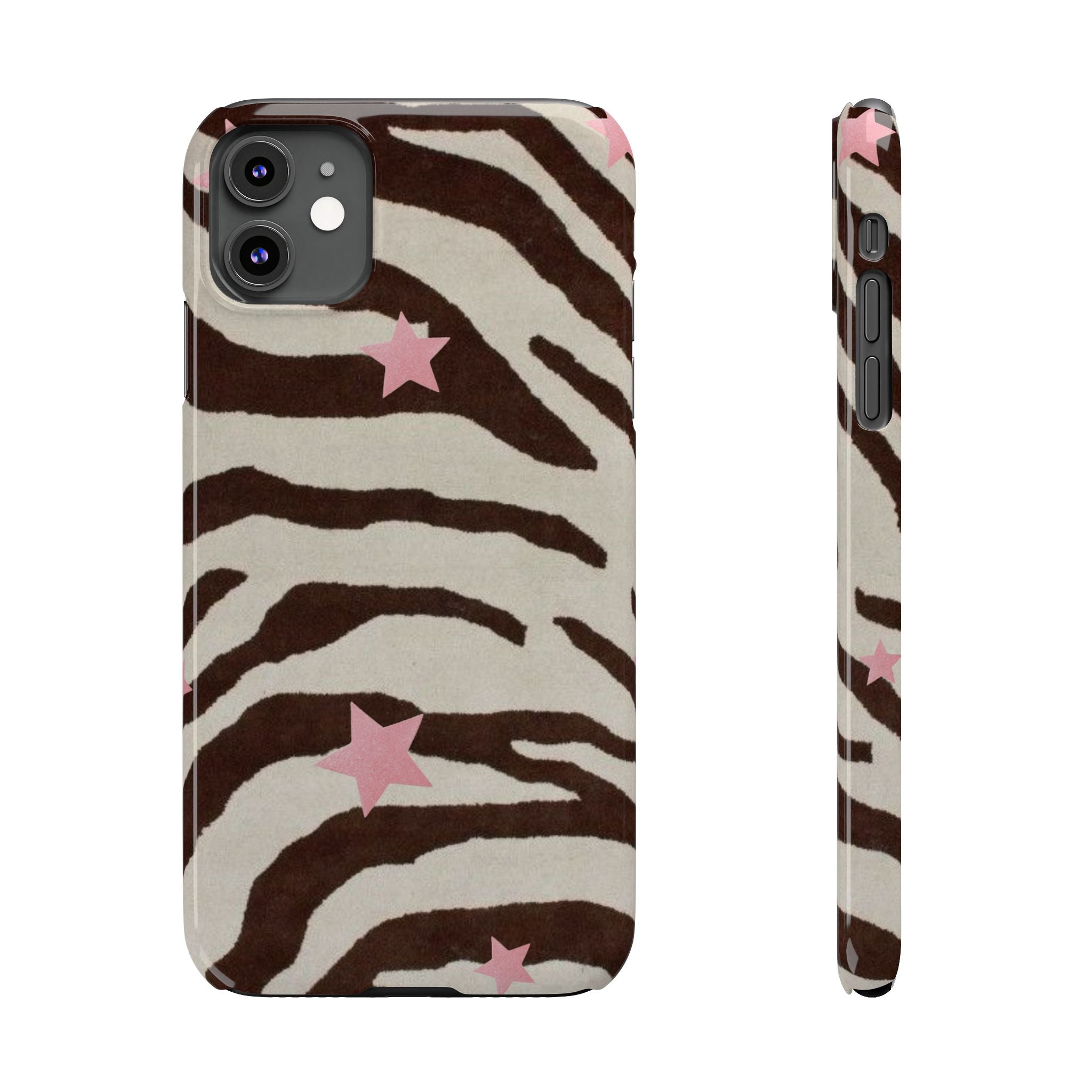 Zebra Stripe Slim Phone Case with Pink Stars – Trendy Animal Print Protector