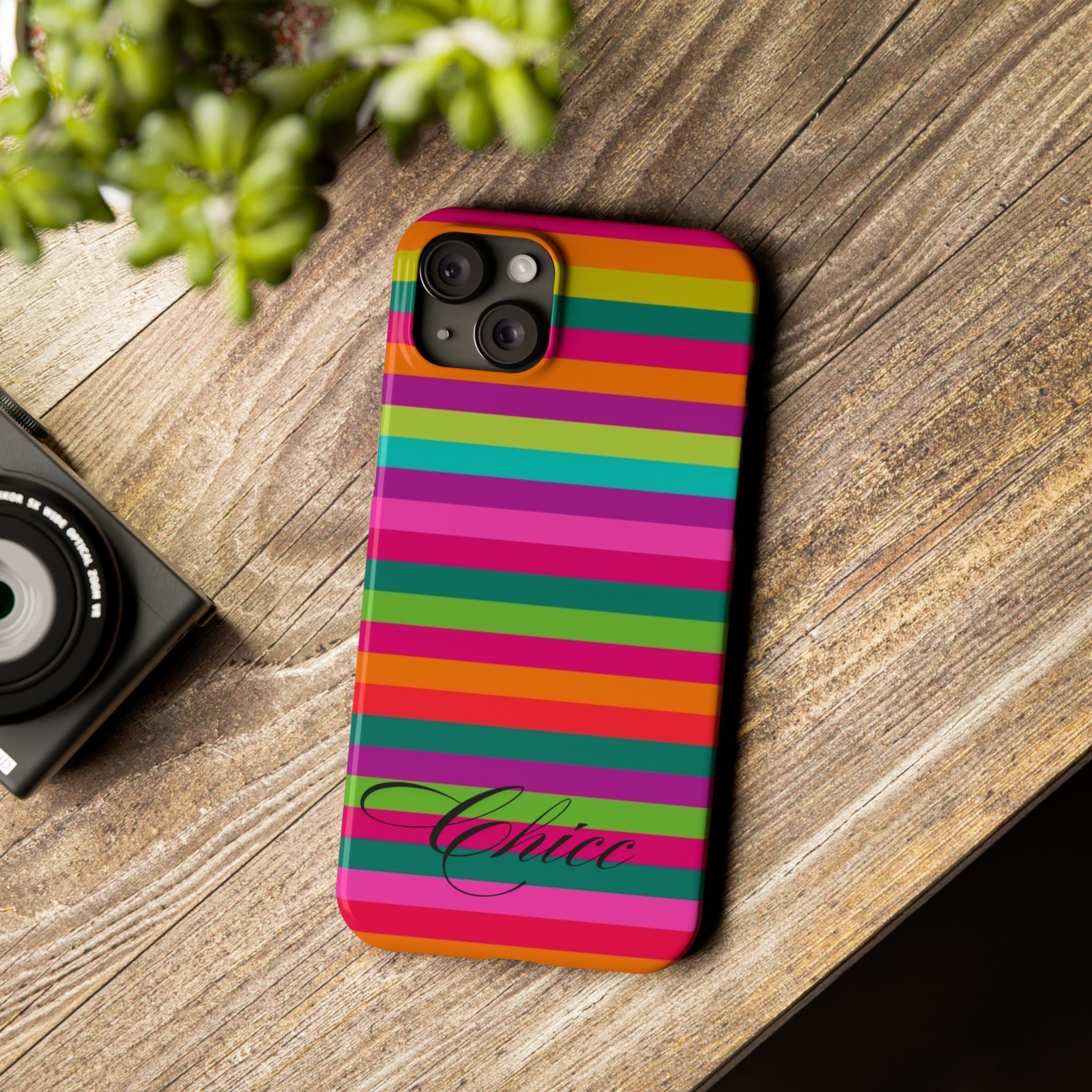 Chic Stripes Slim Phone Case — Colorful Rainbow Stripe Monogram Phone Cover
