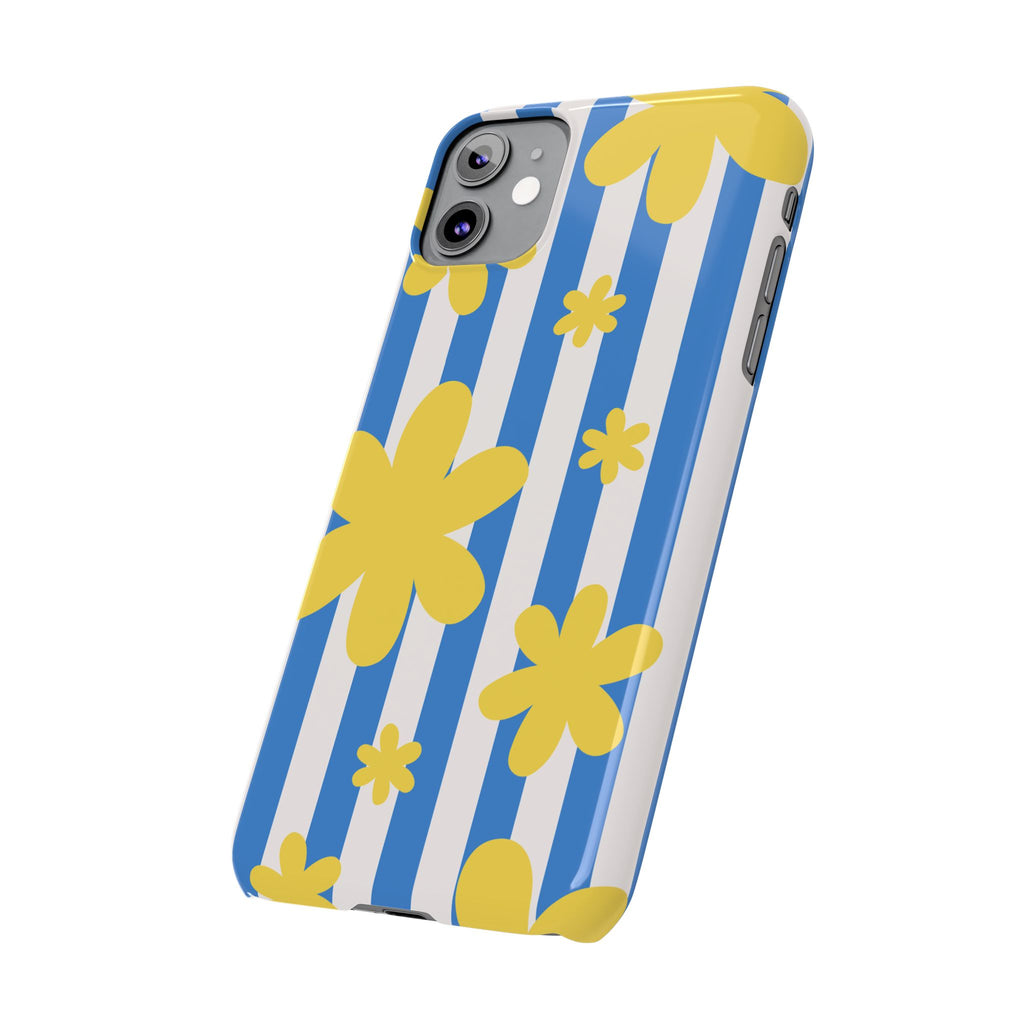 Retro Blue Stripes with Yellow Flower Pattern