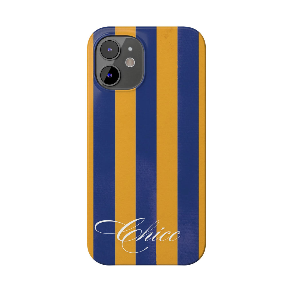 Striped Navy & Gold Slim Phone Case — "Chicc" Script Accent