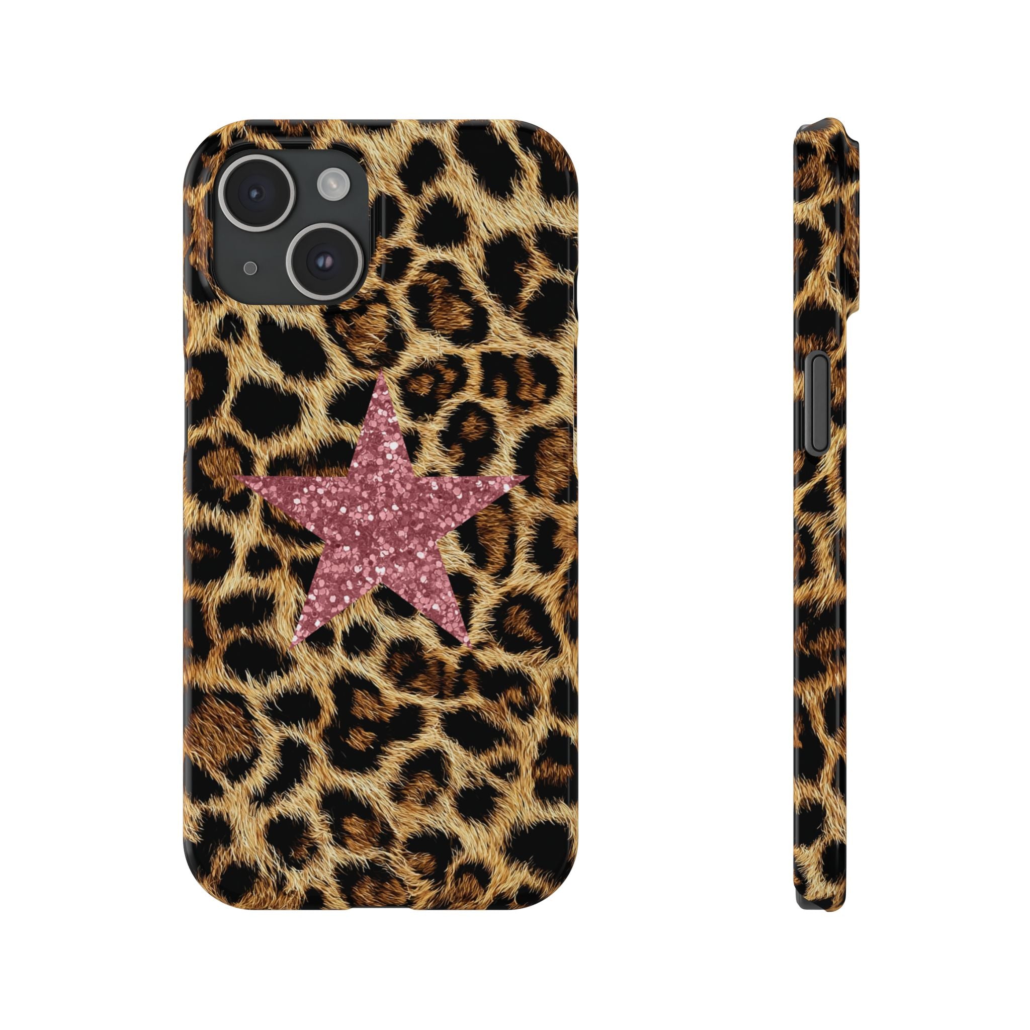 Leopard Print Slim Phone Case with Pink Glitter Star — Chic Animal Print Protective Cover