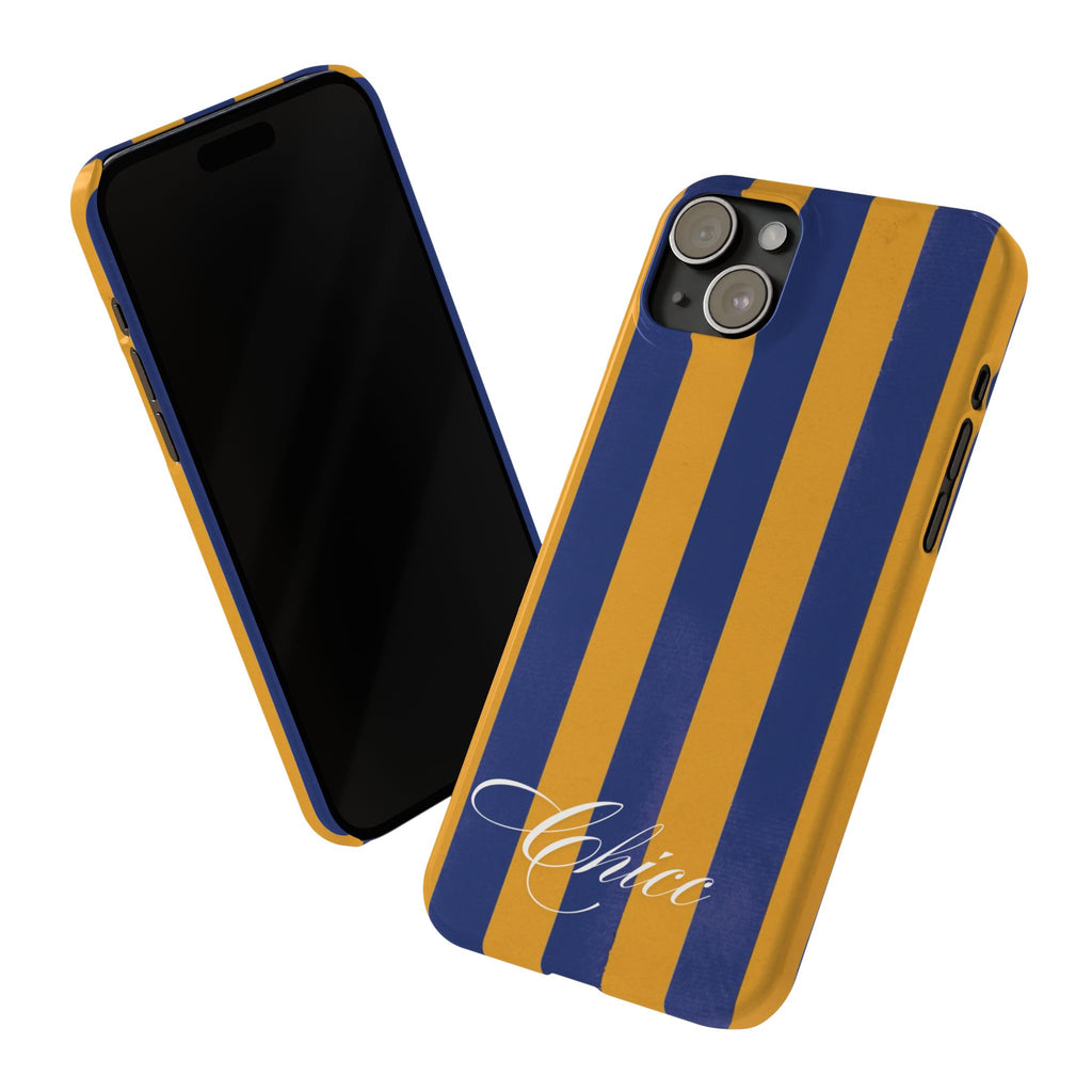 Striped Navy & Gold Slim Phone Case — "Chicc" Script Accent