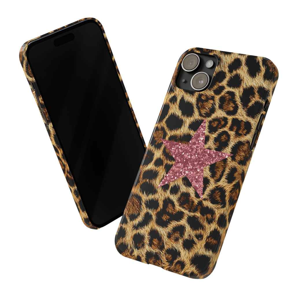 Leopard Print Slim Phone Case with Pink Glitter Star — Chic Animal Print Protective Cover