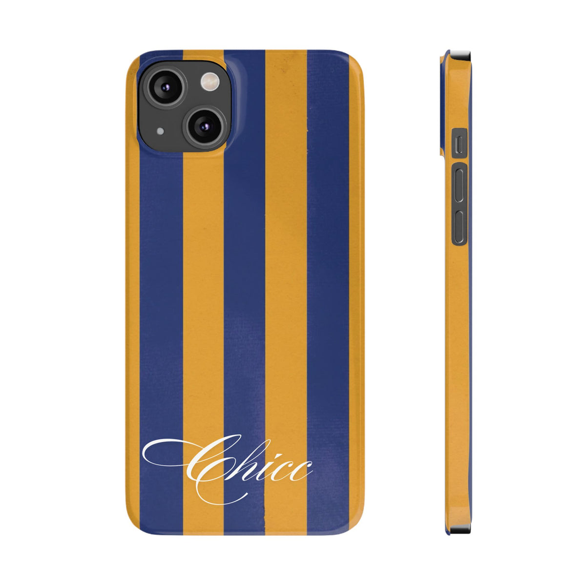 Striped Navy & Gold Slim Phone Case — "Chicc" Script Accent