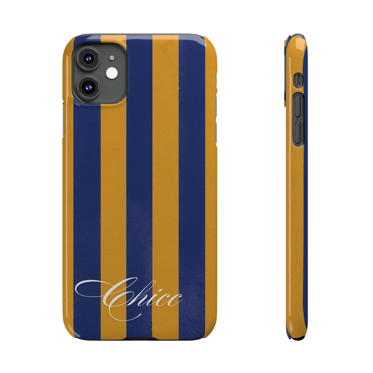 Striped Navy & Gold Slim Phone Case — "Chicc" Script Accent